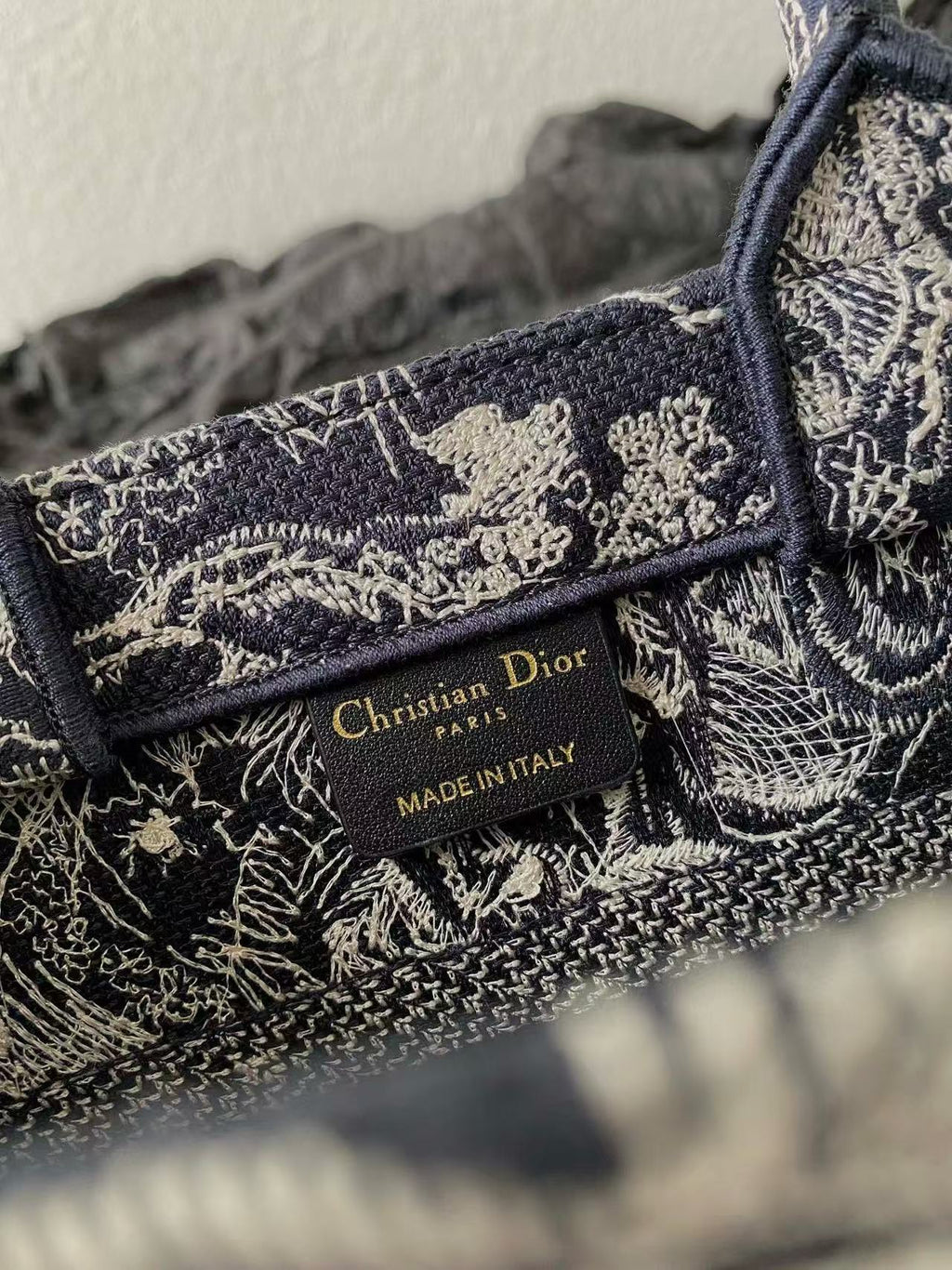 DIOR MISS SMALL TOTE 26 IN NAVY BLUE AND WHITE CANVAS