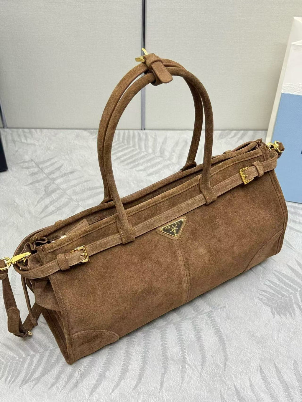 PRADA TOTE BAG WITH BELT 38 IN CHOCOLATE BROWN SUEDE GOLD HARDWARE