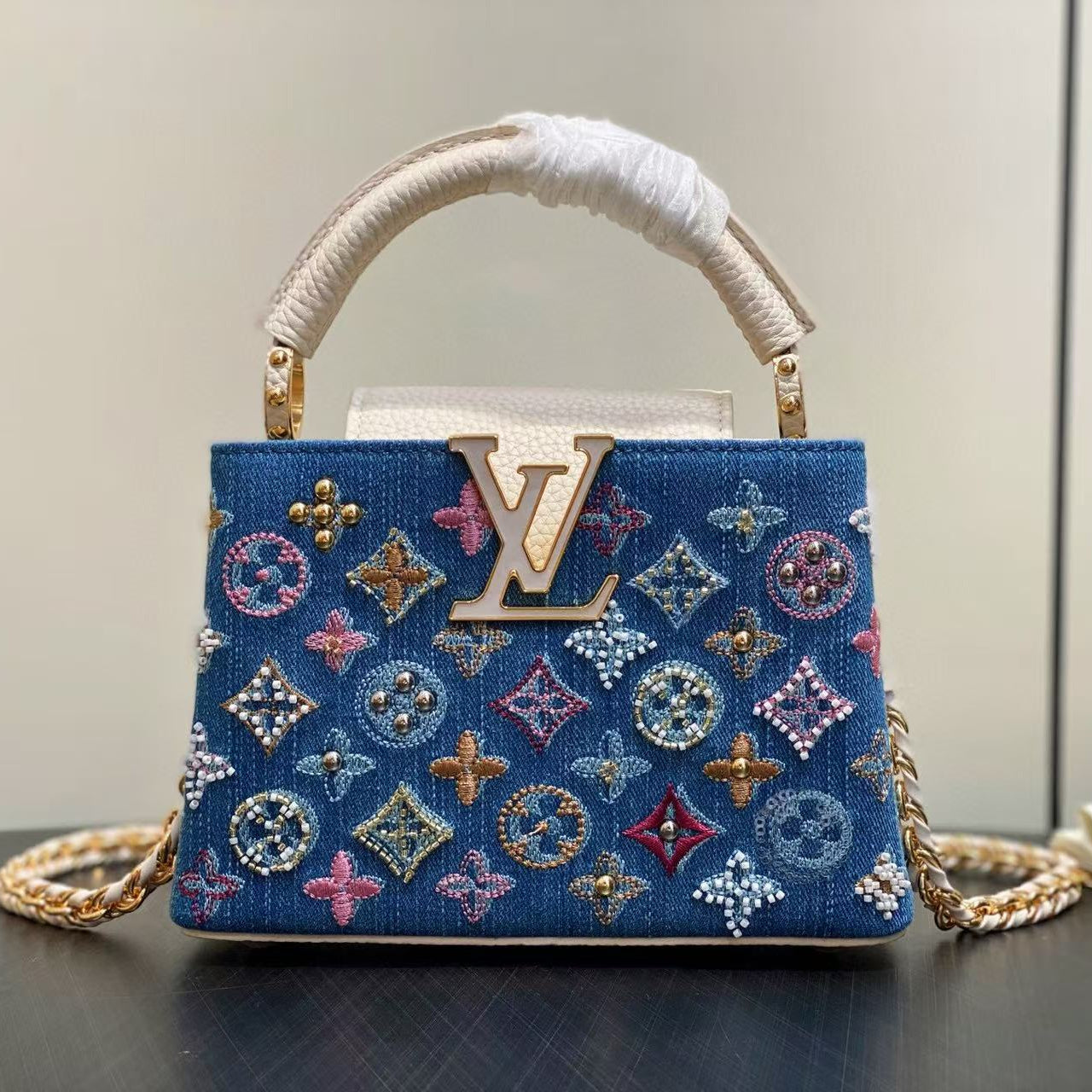 LOUIS VUITTON LV CAPUCINES BAG 21 PINIC IN COLORFUL DENIM GOLD HARDWARE