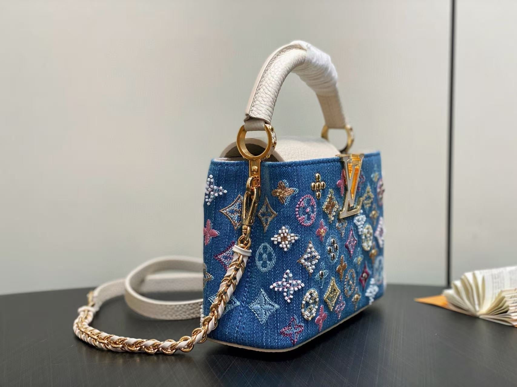 LOUIS VUITTON LV CAPUCINES BAG 21 PINIC IN COLORFUL DENIM GOLD HARDWARE