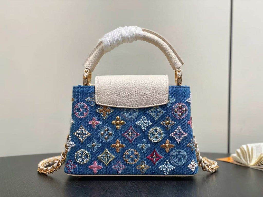LOUIS VUITTON LV CAPUCINES BAG 21 PINIC IN COLORFUL DENIM GOLD HARDWARE