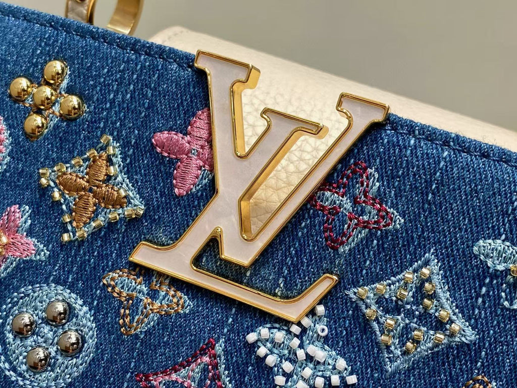 LOUIS VUITTON LV CAPUCINES BAG 21 PINIC IN COLORFUL DENIM GOLD HARDWARE