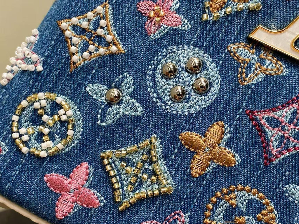 LOUIS VUITTON LV CAPUCINES BAG 21 PINIC IN COLORFUL DENIM GOLD HARDWARE