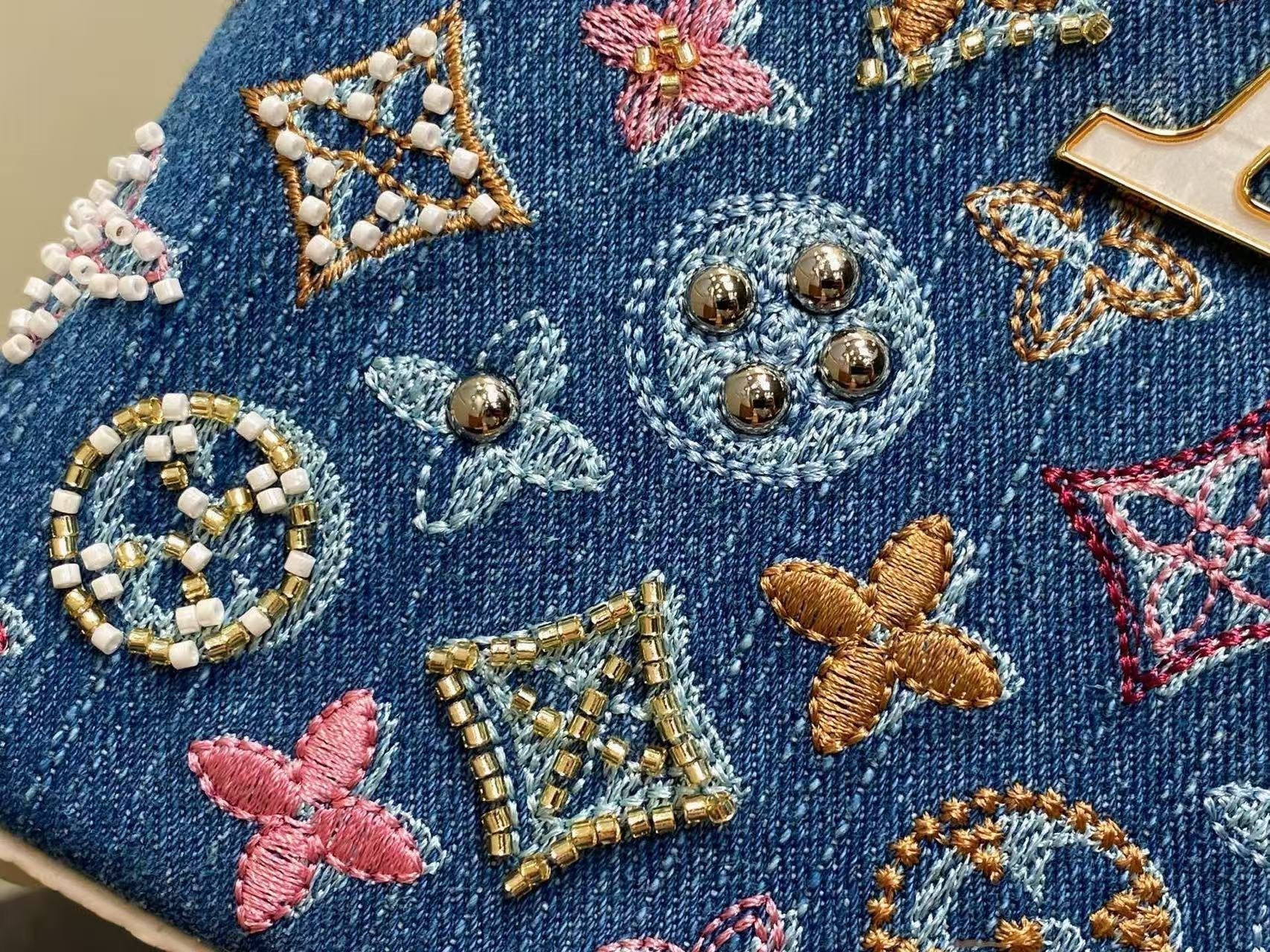 LOUIS VUITTON LV CAPUCINES BAG 21 PINIC IN COLORFUL DENIM GOLD HARDWARE