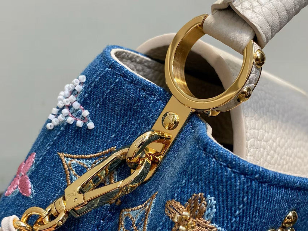 LOUIS VUITTON LV CAPUCINES BAG 21 PINIC IN COLORFUL DENIM GOLD HARDWARE