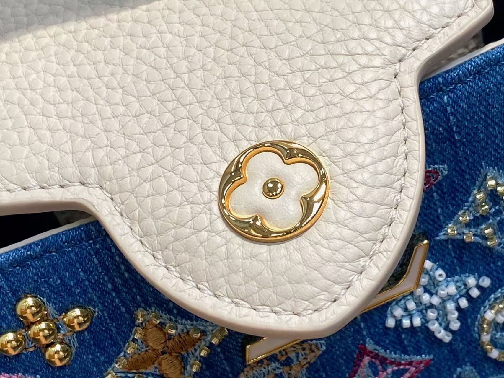 LOUIS VUITTON LV CAPUCINES BAG 21 PINIC IN COLORFUL DENIM GOLD HARDWARE