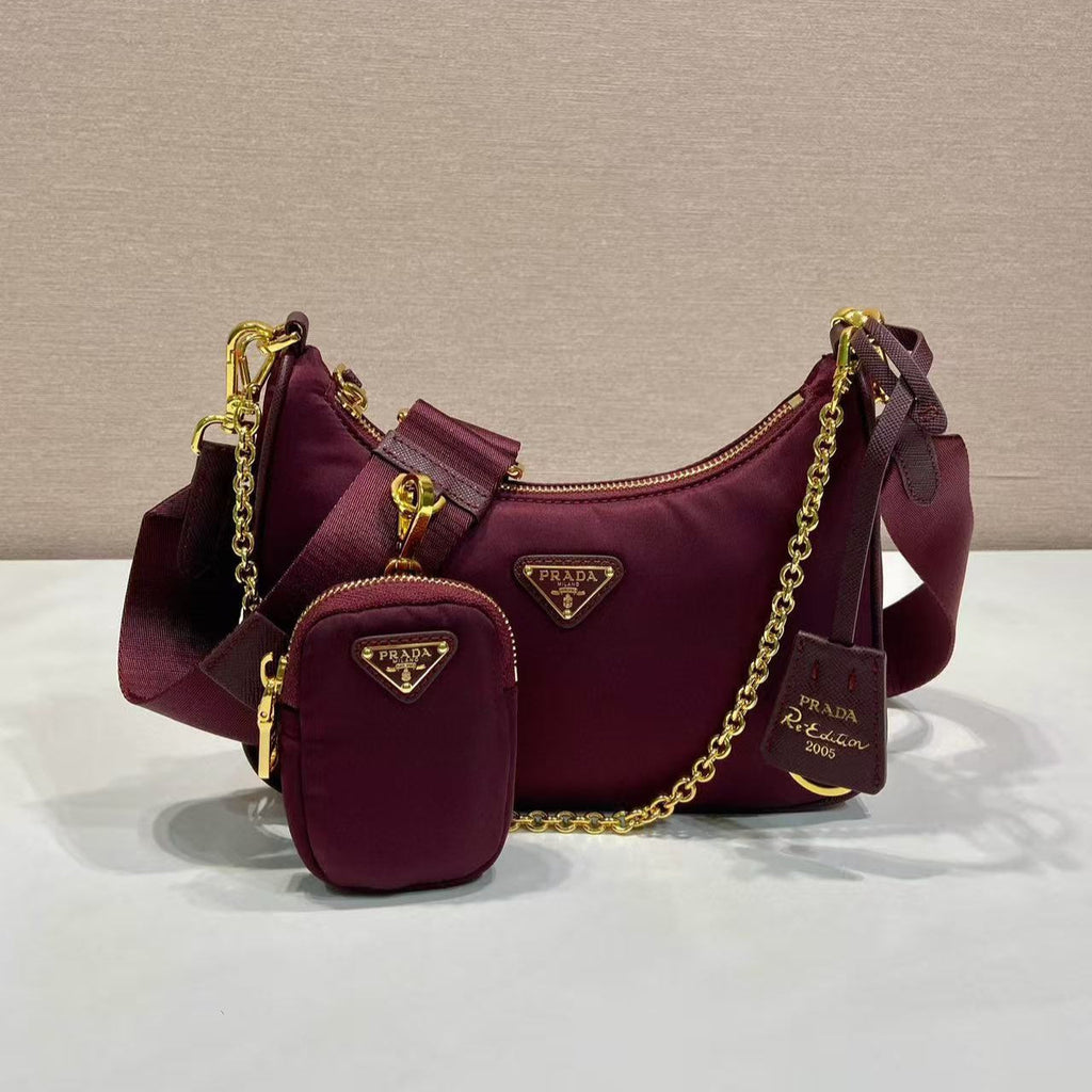 PRADA HOBO BAG 22 IN BURGUNDY RED RE-NYLON