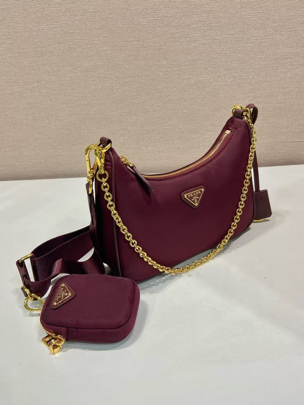 PRADA HOBO BAG 22 IN BURGUNDY RED RE-NYLON