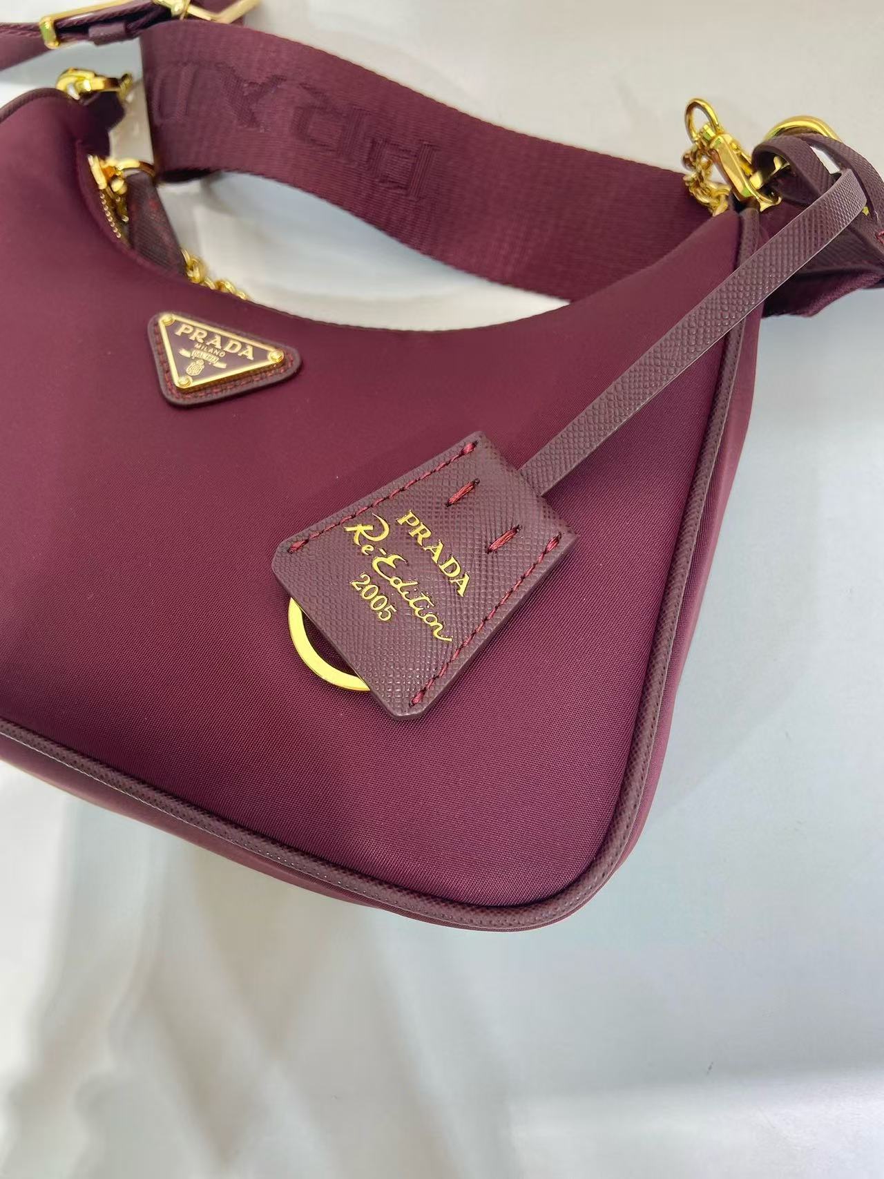 PRADA HOBO BAG 22 IN BURGUNDY RED RE-NYLON