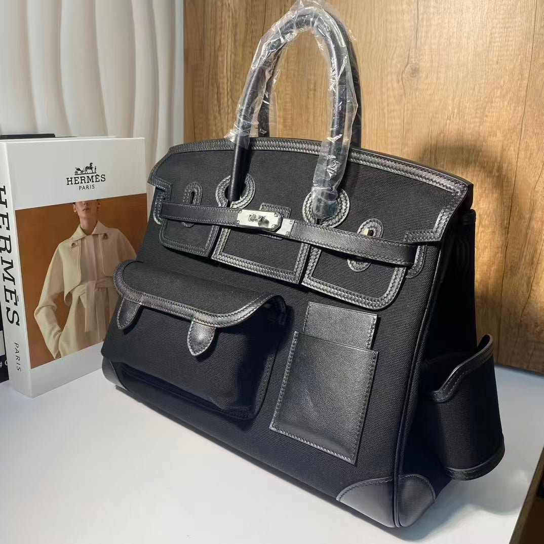 HERMES BIRKIN CARGO 35CM BLACK CANVAS AND LEATHER SILVER HARDWARE