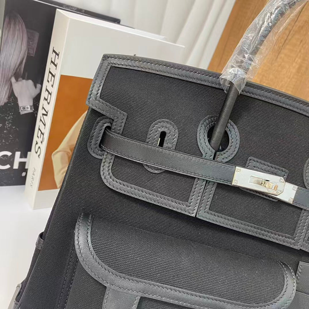 HERMES BIRKIN CARGO 35CM BLACK CANVAS AND LEATHER SILVER HARDWARE