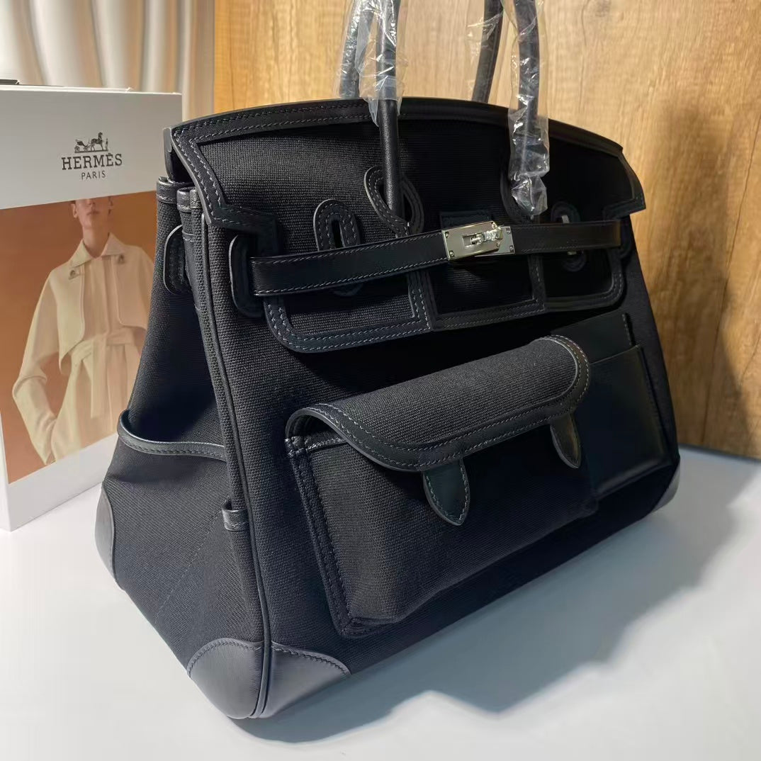 HERMES BIRKIN CARGO 35CM BLACK CANVAS AND LEATHER SILVER HARDWARE