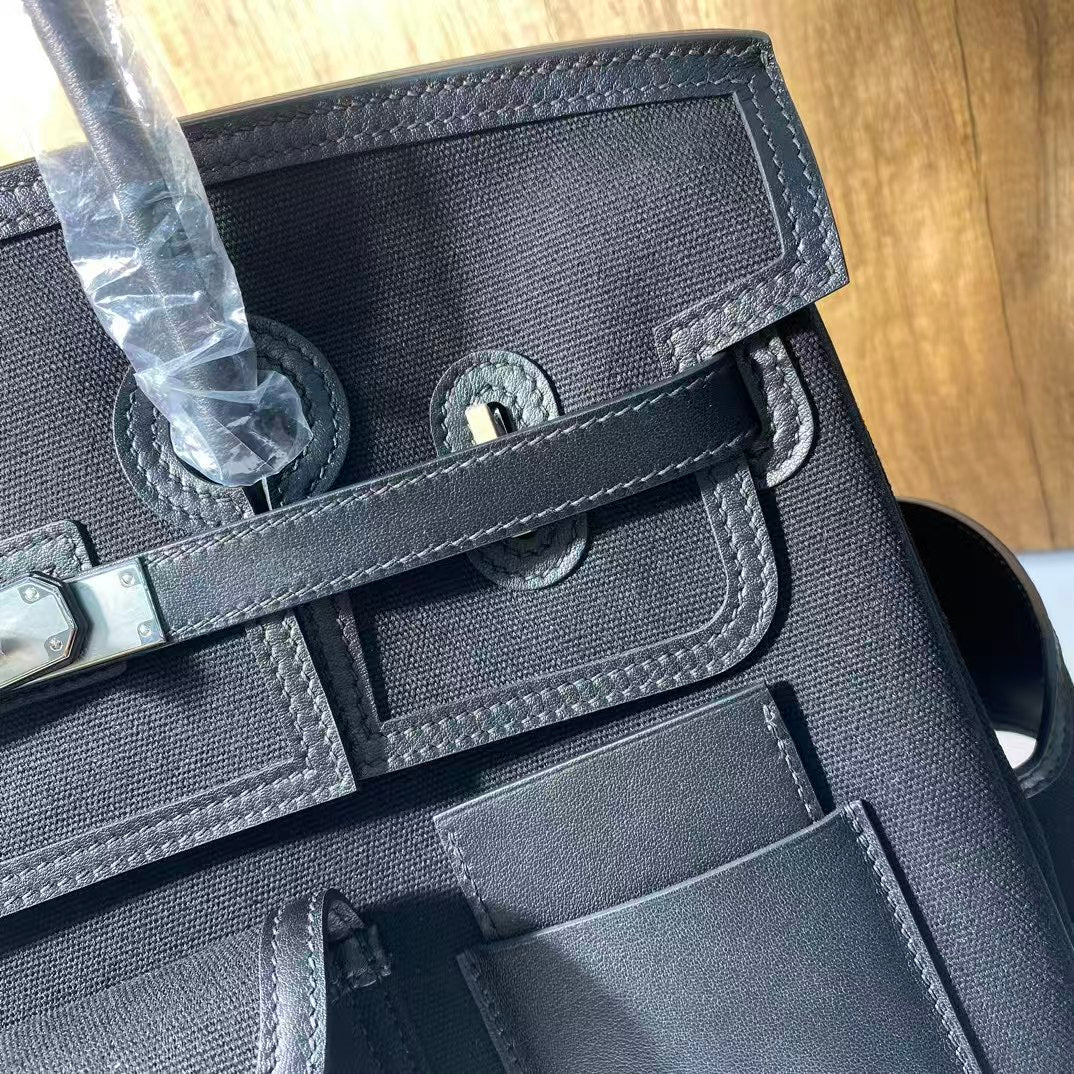 HERMES BIRKIN CARGO 35CM BLACK CANVAS AND LEATHER SILVER HARDWARE