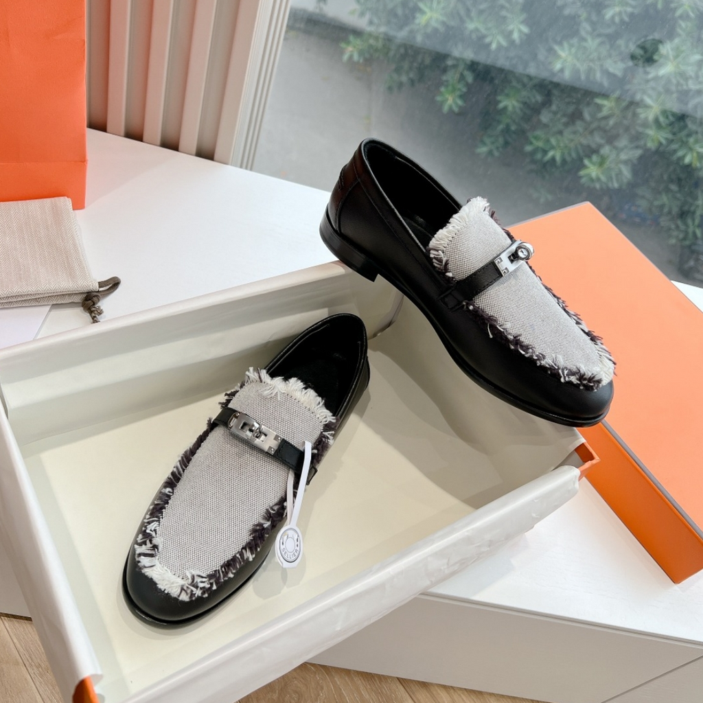 HERMES Destin Loafer Black Calfskin Fringed Canvas