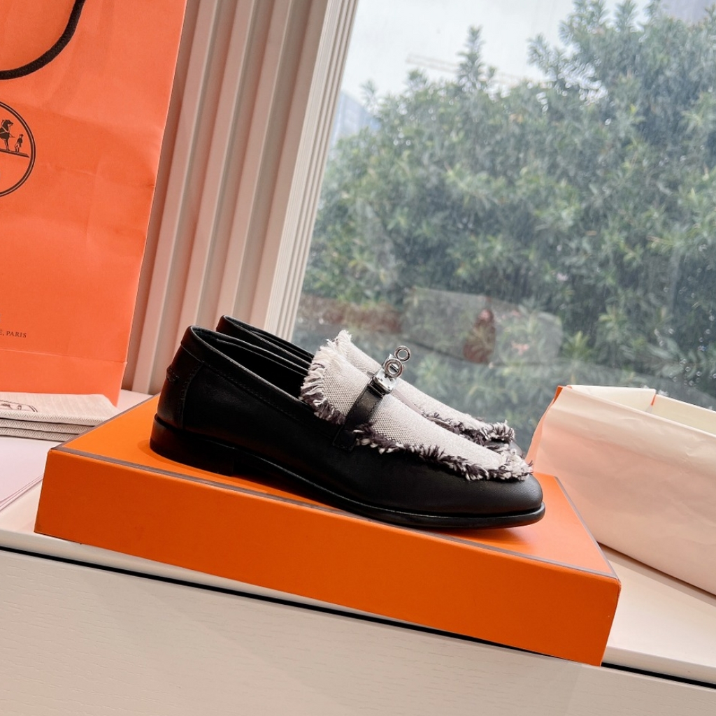 HERMES Destin Loafer Black Calfskin Fringed Canvas