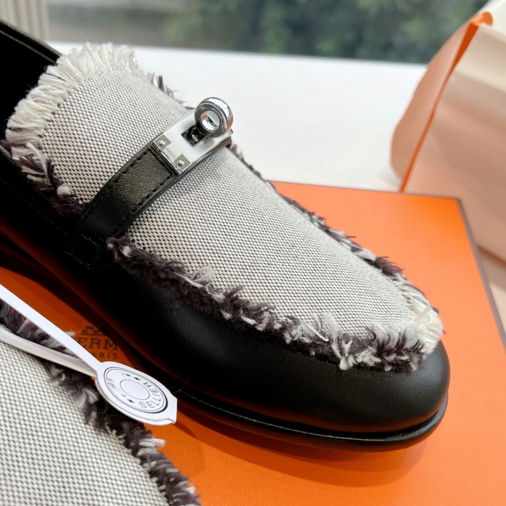 HERMES Destin Loafer Black Calfskin Fringed Canvas