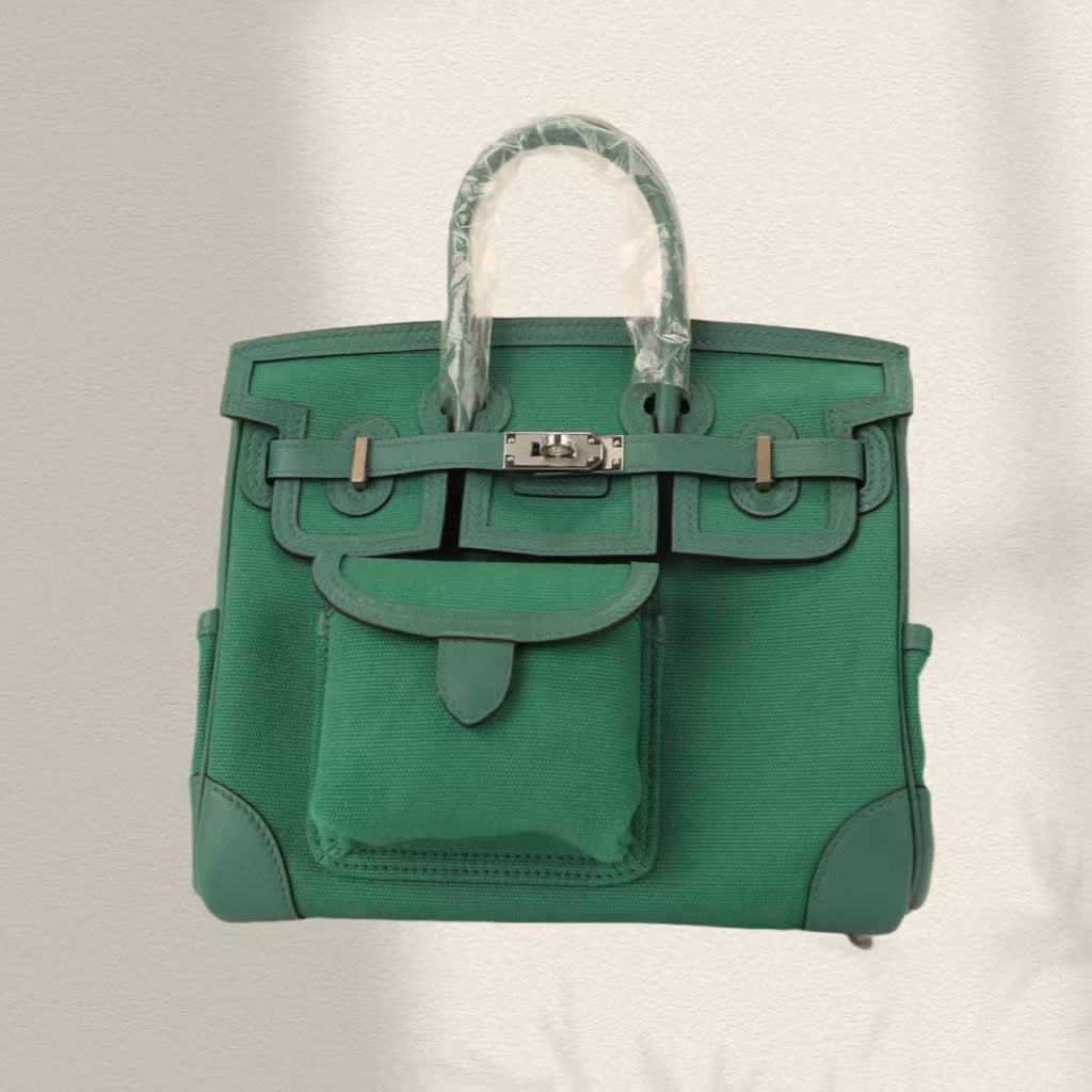 HERMES BIRKIN CARGO 25CM GREEN CANVAS AND LEATHER SILVER HARDWARE