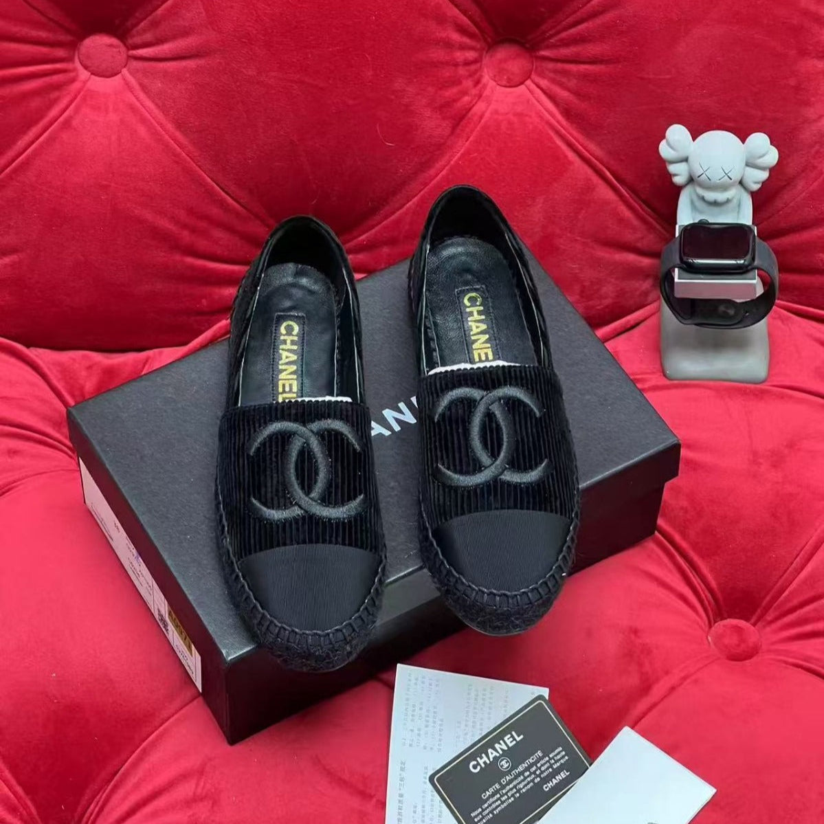 CHANEL PLATFORM IN BLACK VELVET MIX CALFSKIN EMBROIDERED LOGO