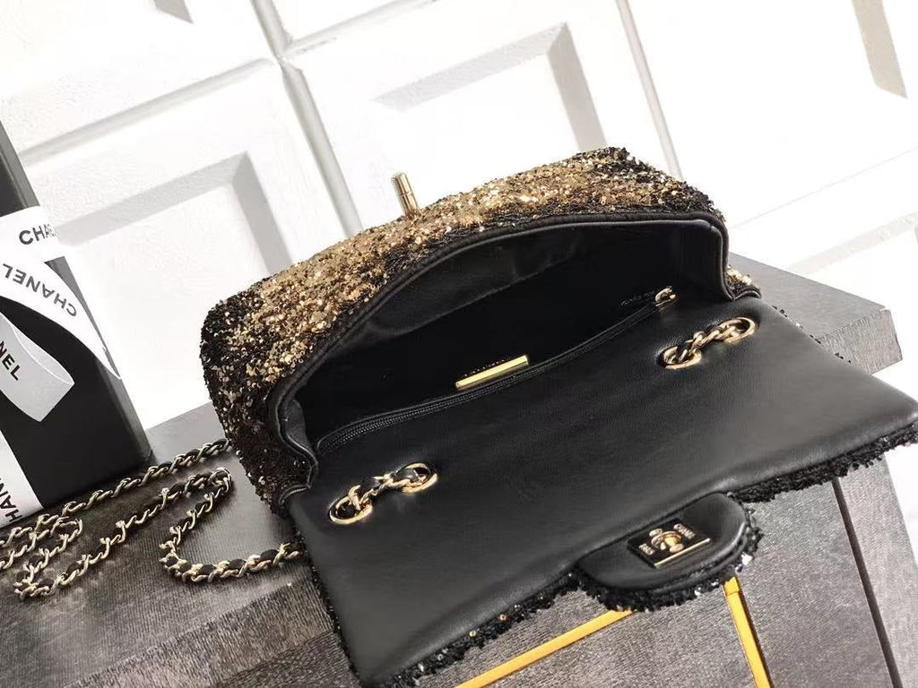 CHANEL 20 SEQUINS FLAP BAG IN BLACK MIX BROWN