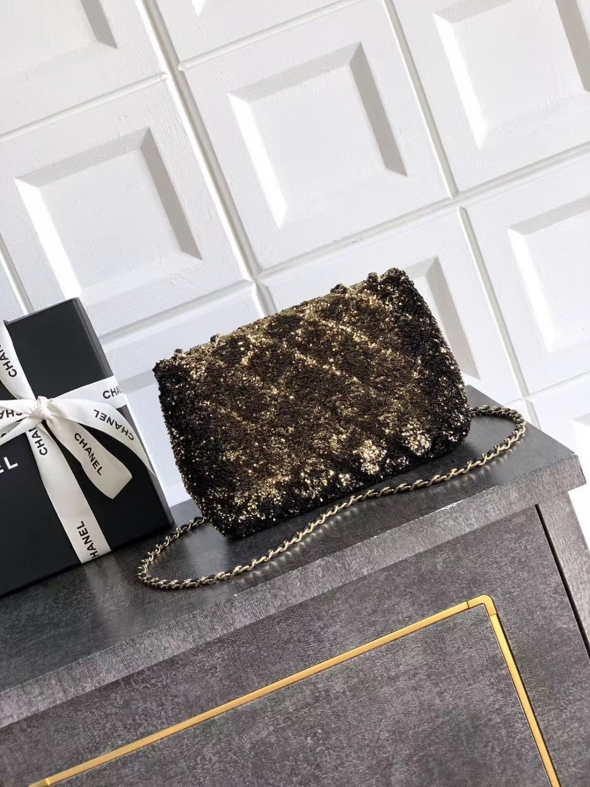 CHANEL 20 SEQUINS FLAP BAG IN BLACK MIX BROWN