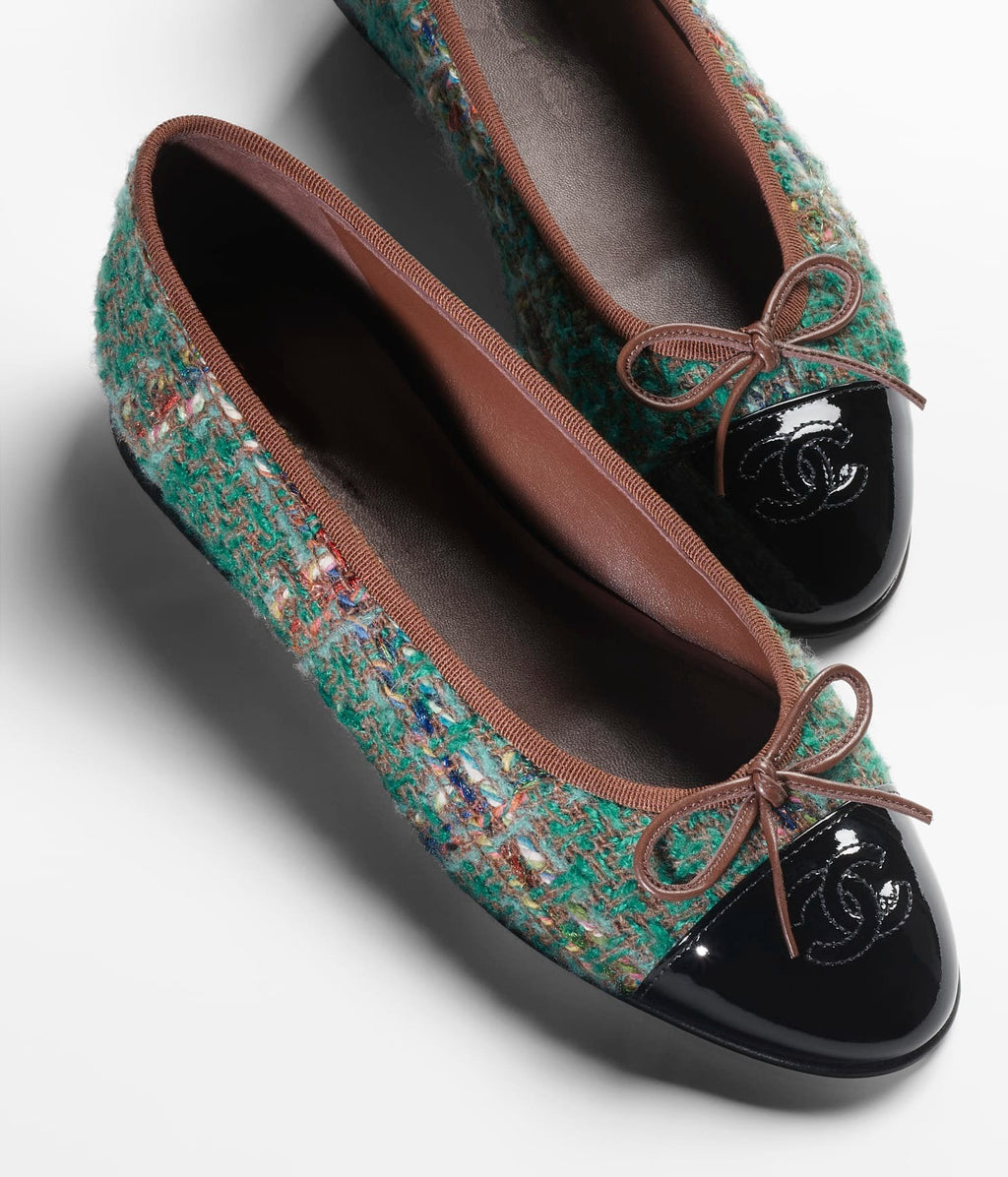 CHANEL BALLET FLATS DARK GREEN BROWN TWEED