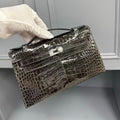 HERMES KELLY MINI 22 IN BROWN AMERICAN ALLIGATOR SILVER BUCKLE