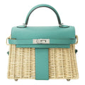 HERMES KELLY 20CM JAUNE DE NAPLES SWIFT IN TURQUOISE LEATHER AND WICKER SILVER HARDWARE