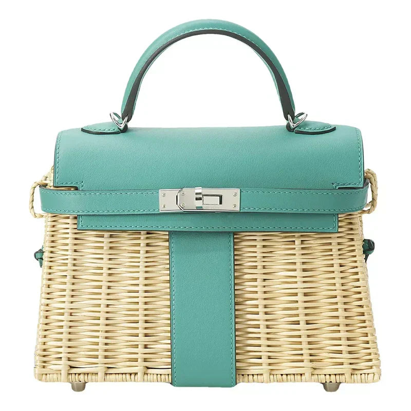 HERMES KELLY 20CM JAUNE DE NAPLES SWIFT IN TURQUOISE LEATHER AND WICKER SILVER HARDWARE
