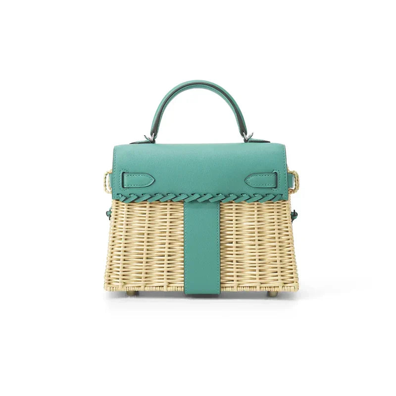 HERMES KELLY 20CM JAUNE DE NAPLES SWIFT IN TURQUOISE LEATHER AND WICKER SILVER HARDWARE