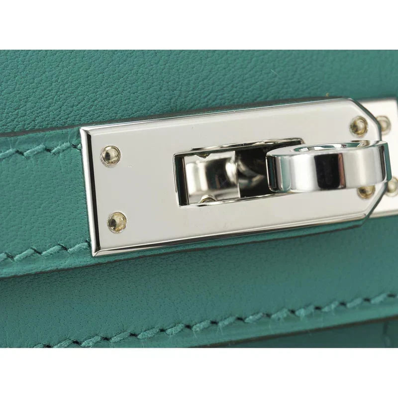 HERMES KELLY 20CM JAUNE DE NAPLES SWIFT IN TURQUOISE LEATHER AND WICKER SILVER HARDWARE