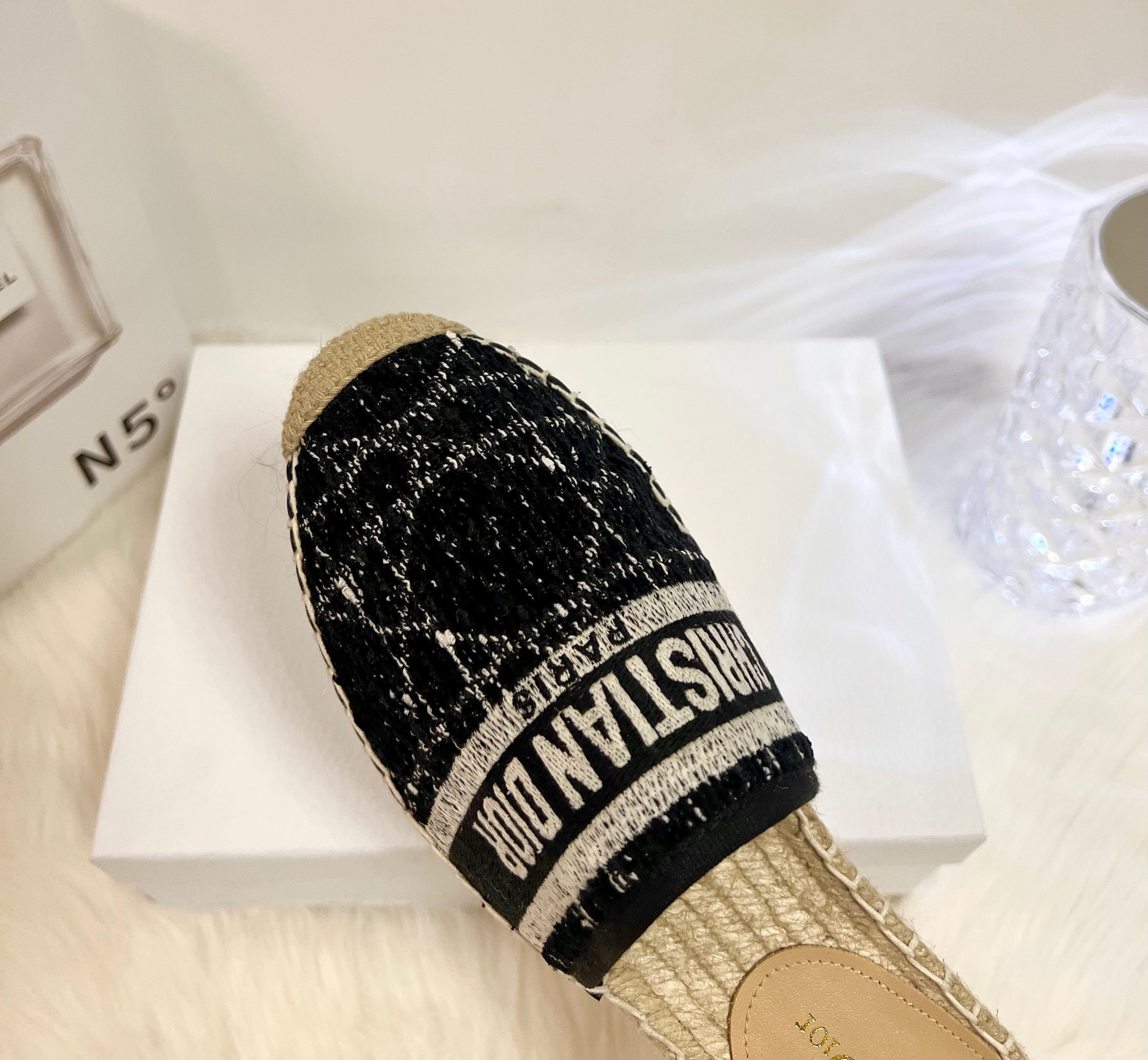 DIOR GRANVILLE ESPADRILLE BLACK OBLIQUE EMBROIDERED COTTON MULE