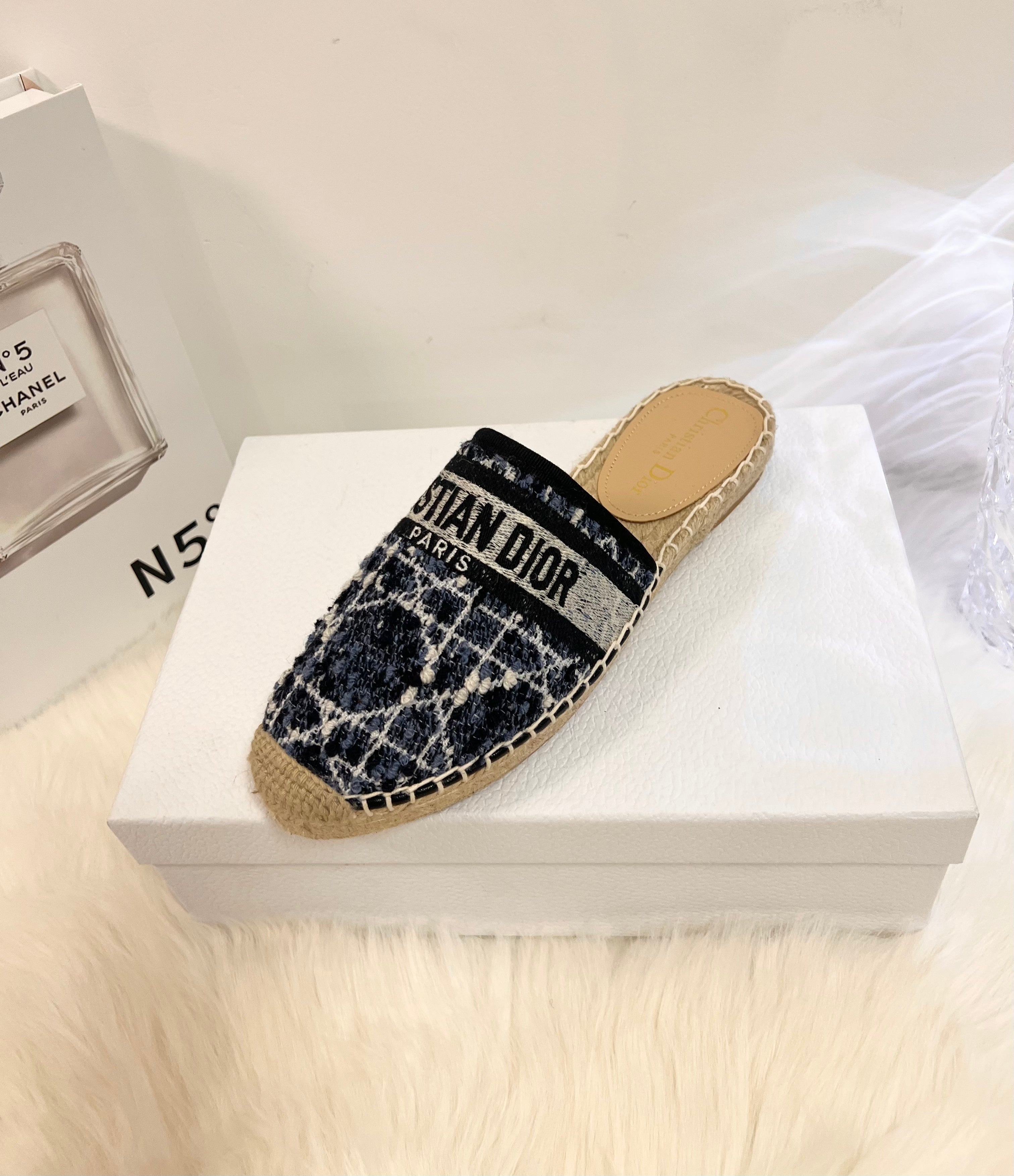 DIOR GRANVILLE ESPADRILLE NAVY BLUIE OBLIQUE EMBROIDERED COTTON MULE