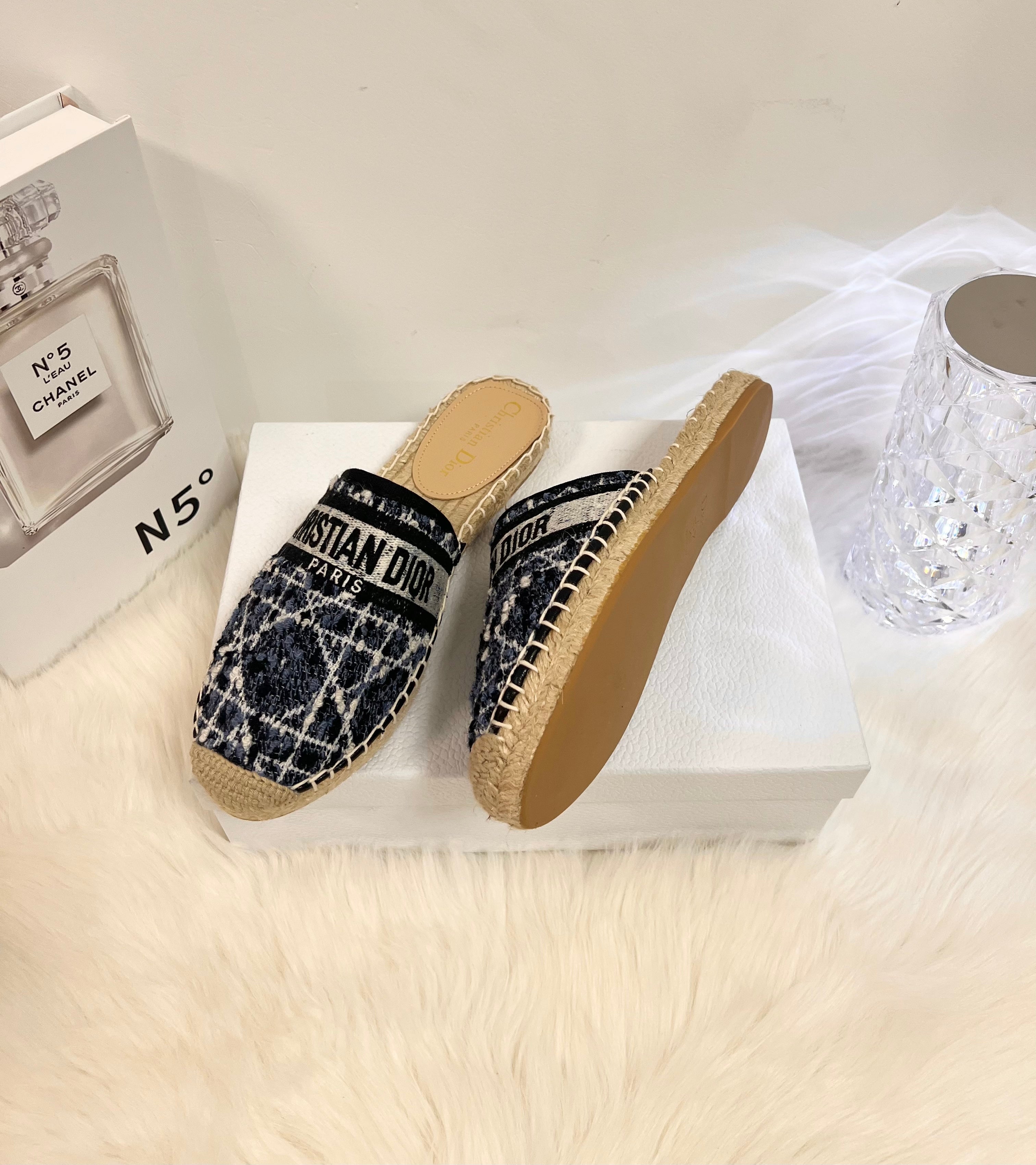 DIOR GRANVILLE ESPADRILLE NAVY BLUIE OBLIQUE EMBROIDERED COTTON MULE