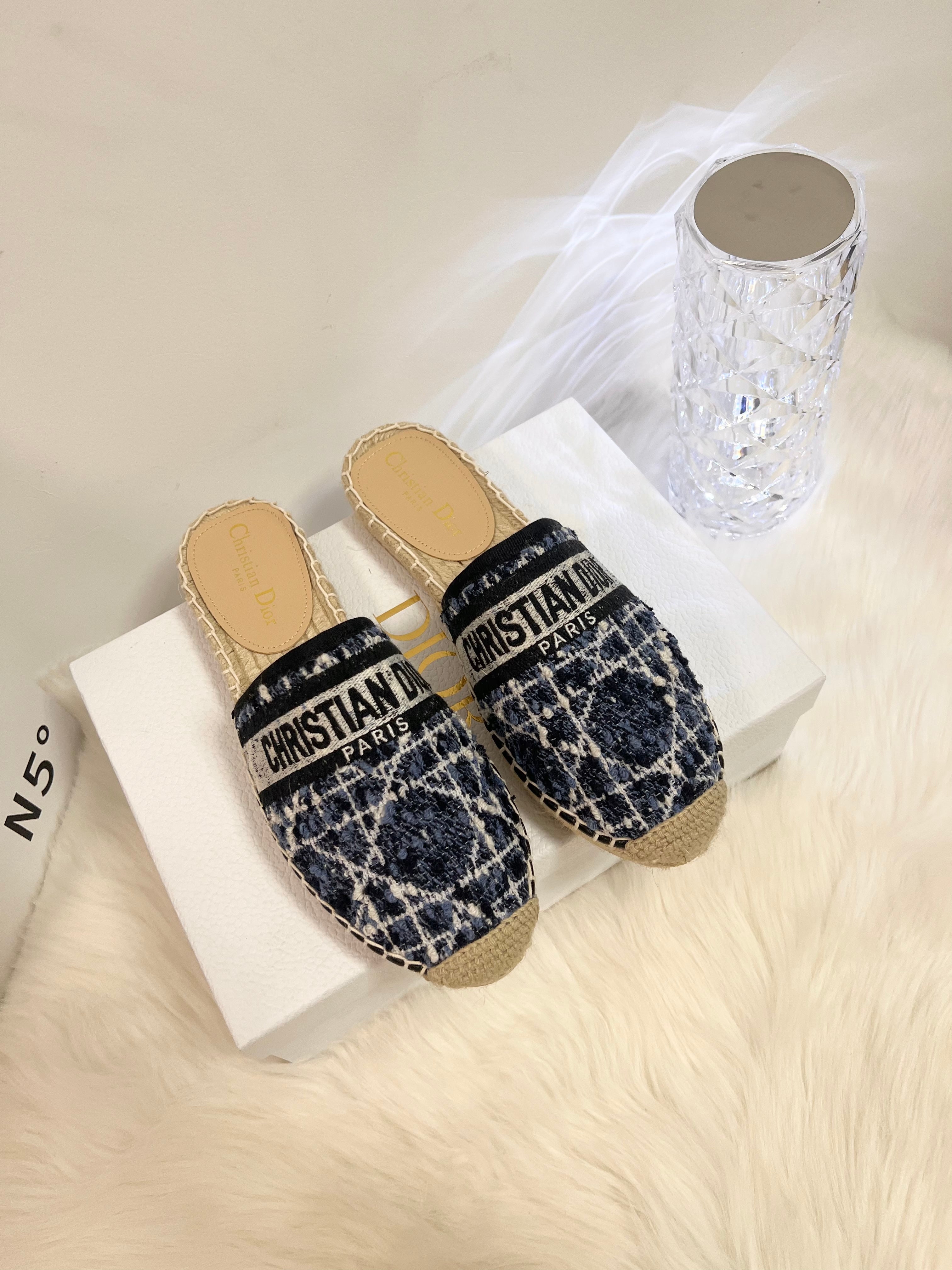 DIOR GRANVILLE ESPADRILLE NAVY BLUIE OBLIQUE EMBROIDERED COTTON MULE