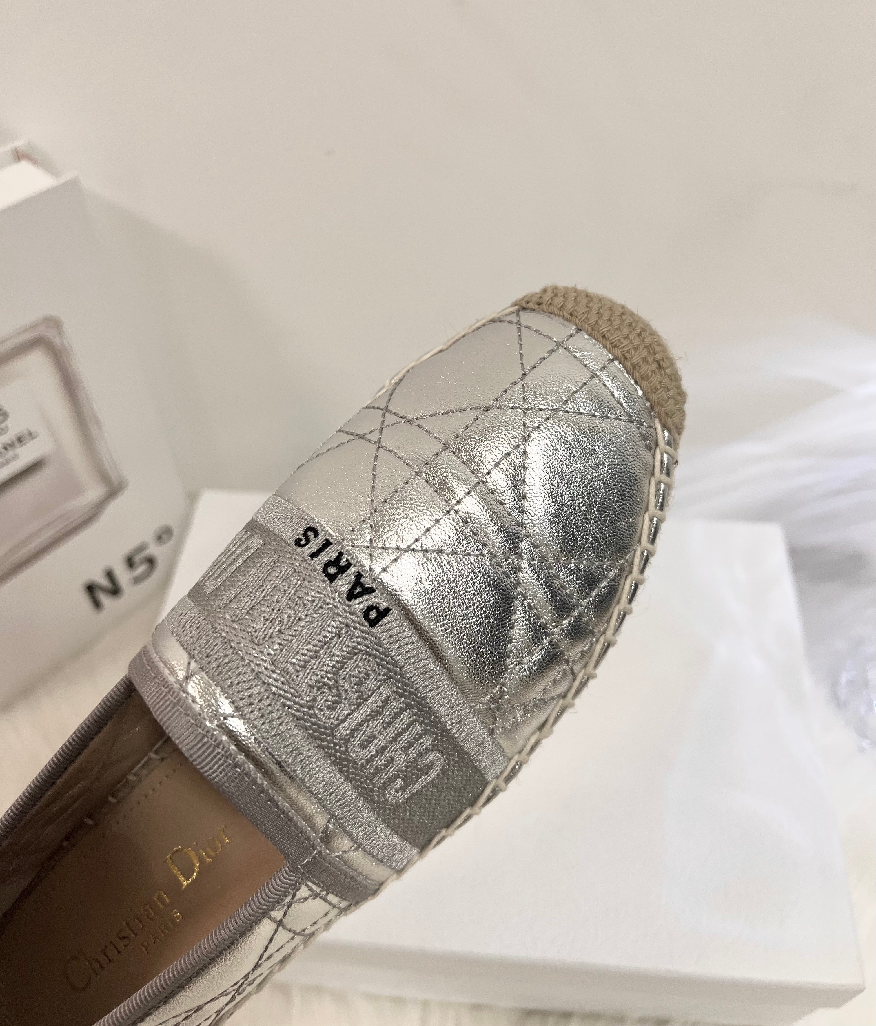 DIOR GRANVILLE ESPADRILLE SILVER QUILTED CANNAGE CALFSKIN