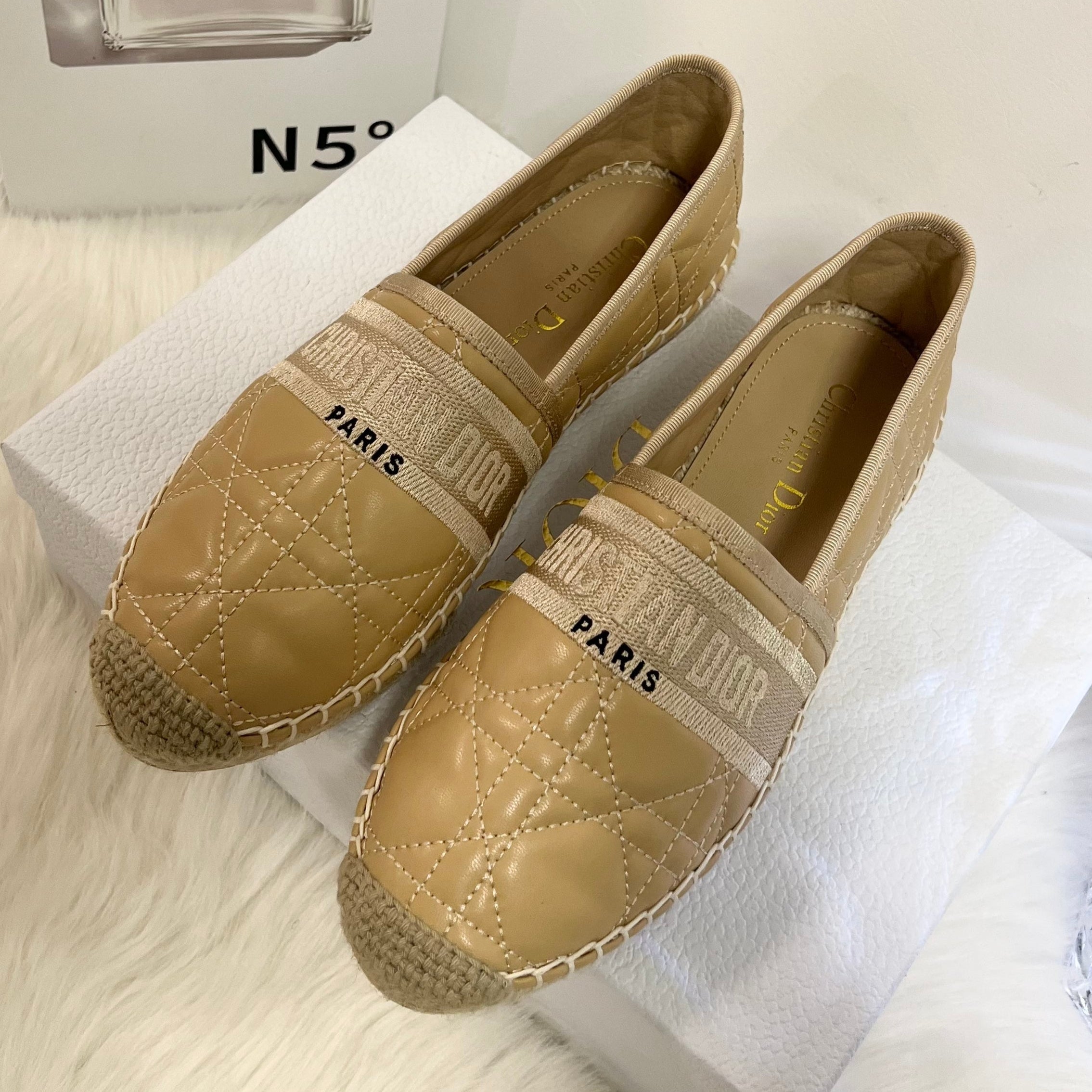 DIOR GRANVILLE ESPADRILLE CAMEL BEIGE QUILTED CANNAGE CALFSKIN
