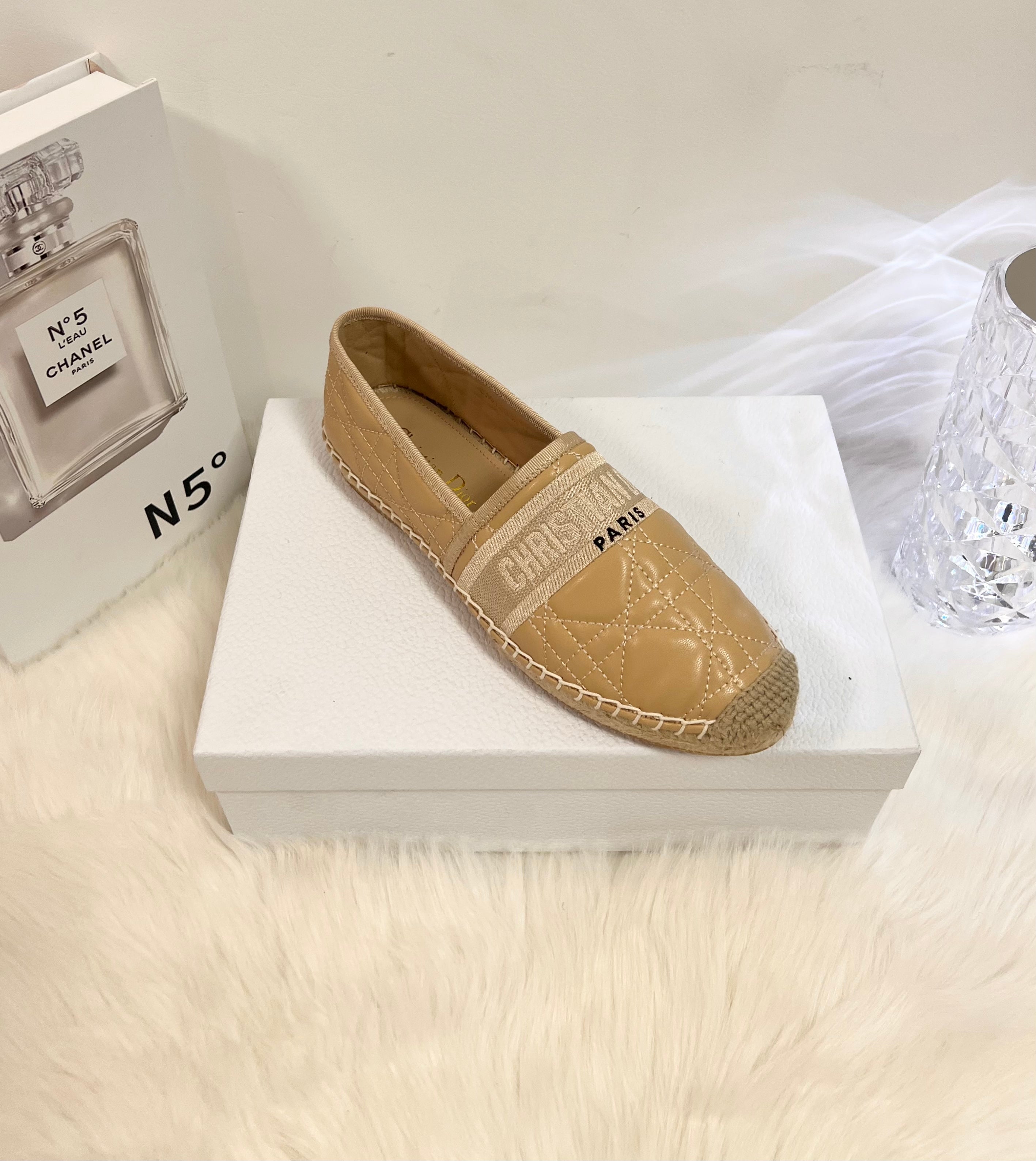DIOR GRANVILLE ESPADRILLE CAMEL BEIGE QUILTED CANNAGE CALFSKIN