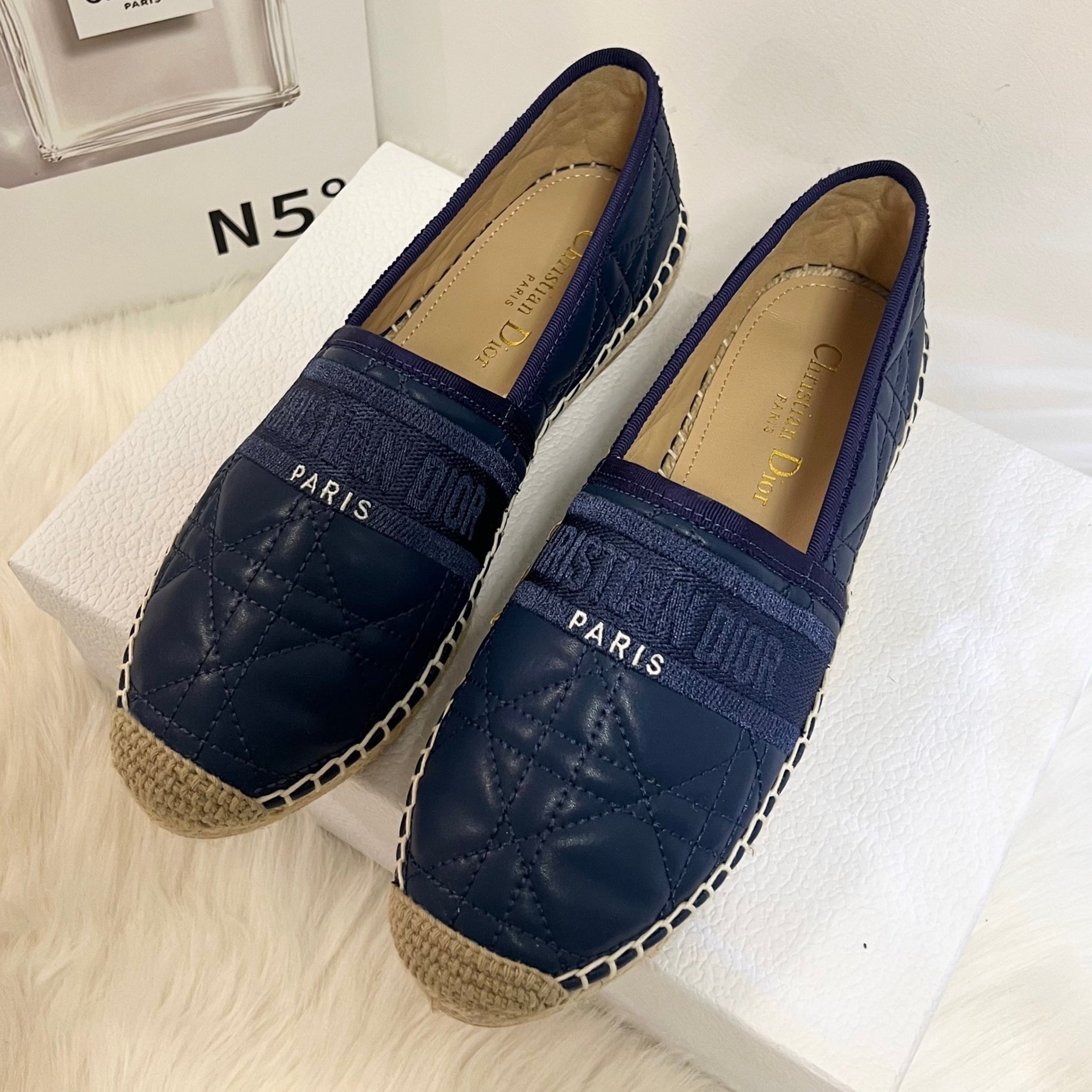 DIOR GRANVILLE ESPADRILLE NAVY BLUE QUILTED CANNAGE CALFSKIN
