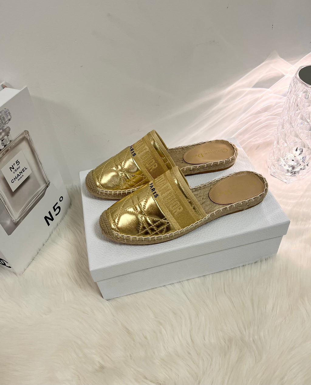 DIOR GRANVILLE ESPADRILLE MULE GOLD QUILTED CANNAGE CALFSKIN