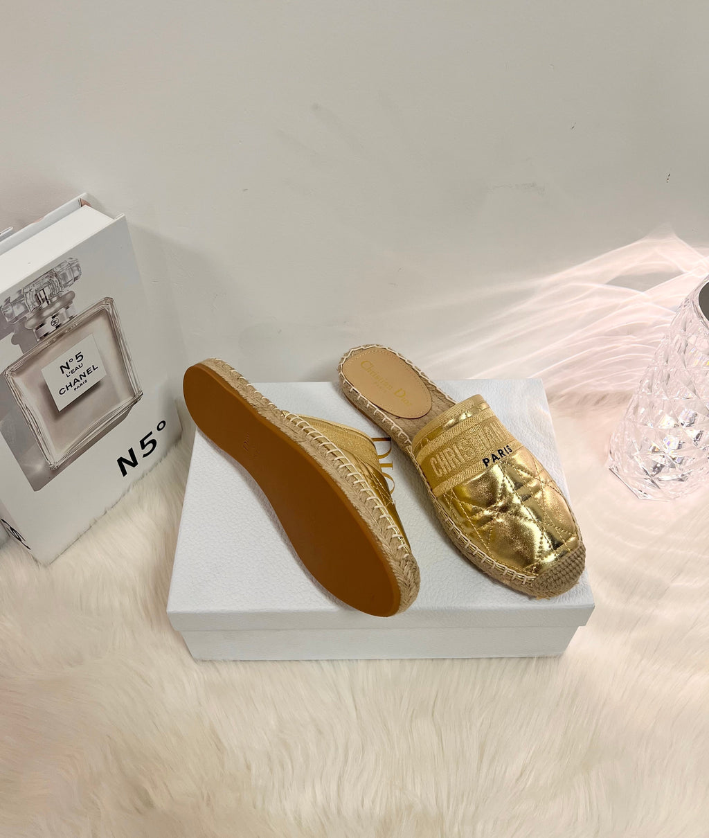DIOR GRANVILLE ESPADRILLE MULE GOLD QUILTED CANNAGE CALFSKIN