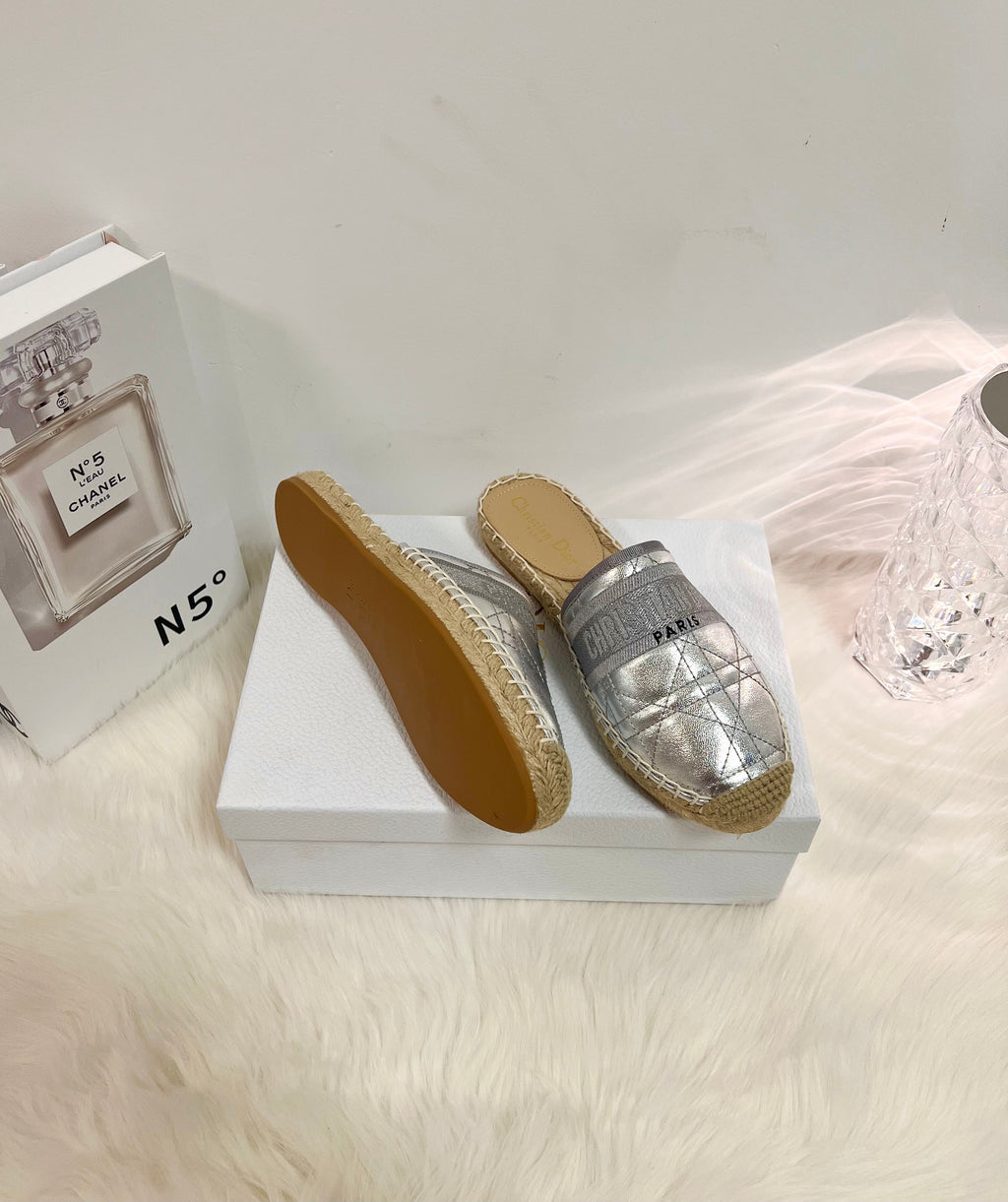 DIOR GRANVILLE ESPADRILLE MULE SILVER QUILTED CANNAGE CALFSKIN