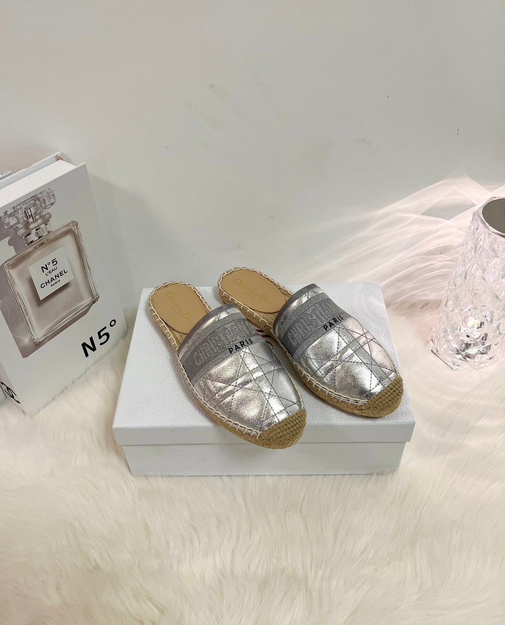 DIOR GRANVILLE ESPADRILLE MULE SILVER QUILTED CANNAGE CALFSKIN