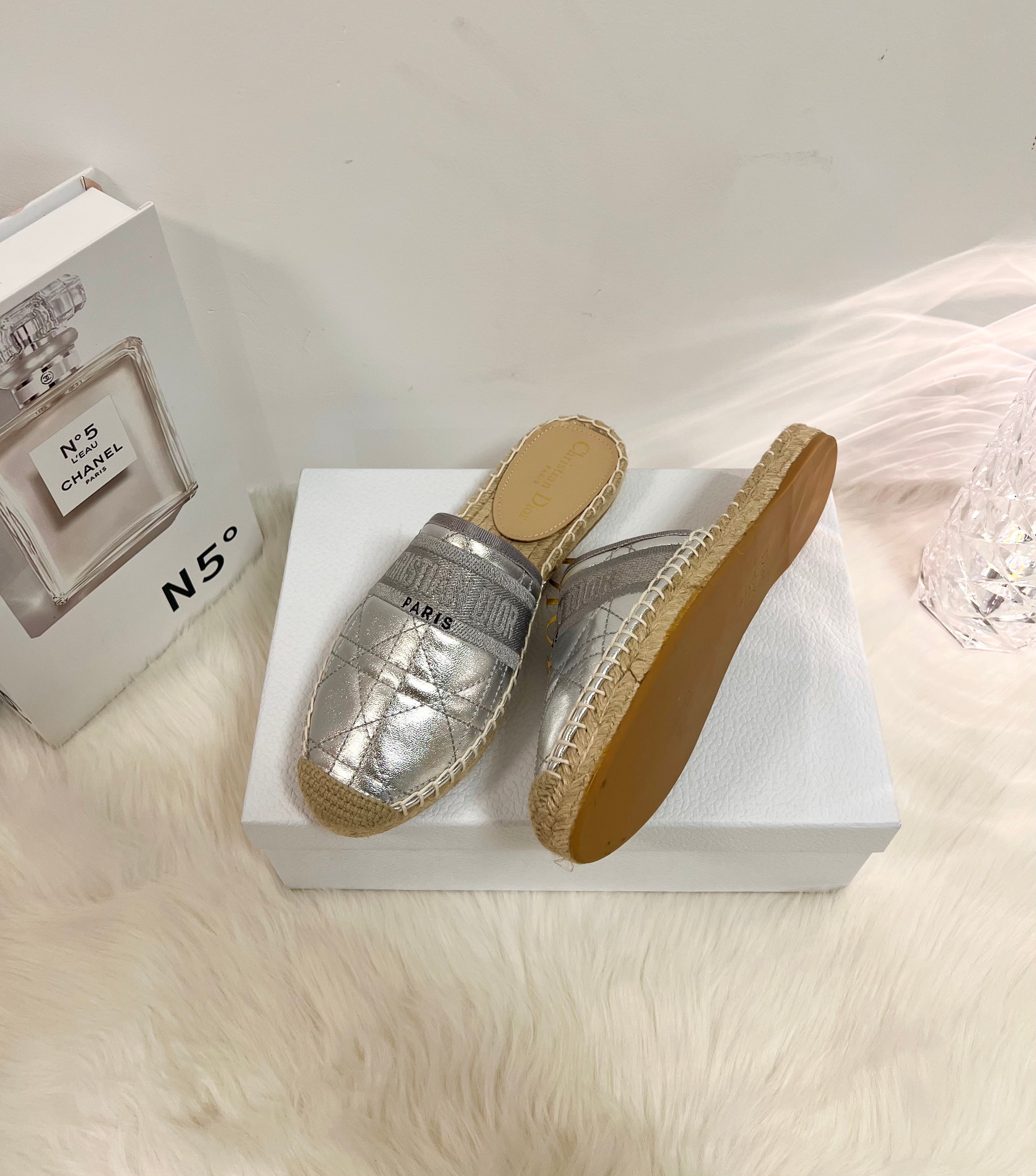 DIOR GRANVILLE ESPADRILLE MULE SILVER QUILTED CANNAGE CALFSKIN