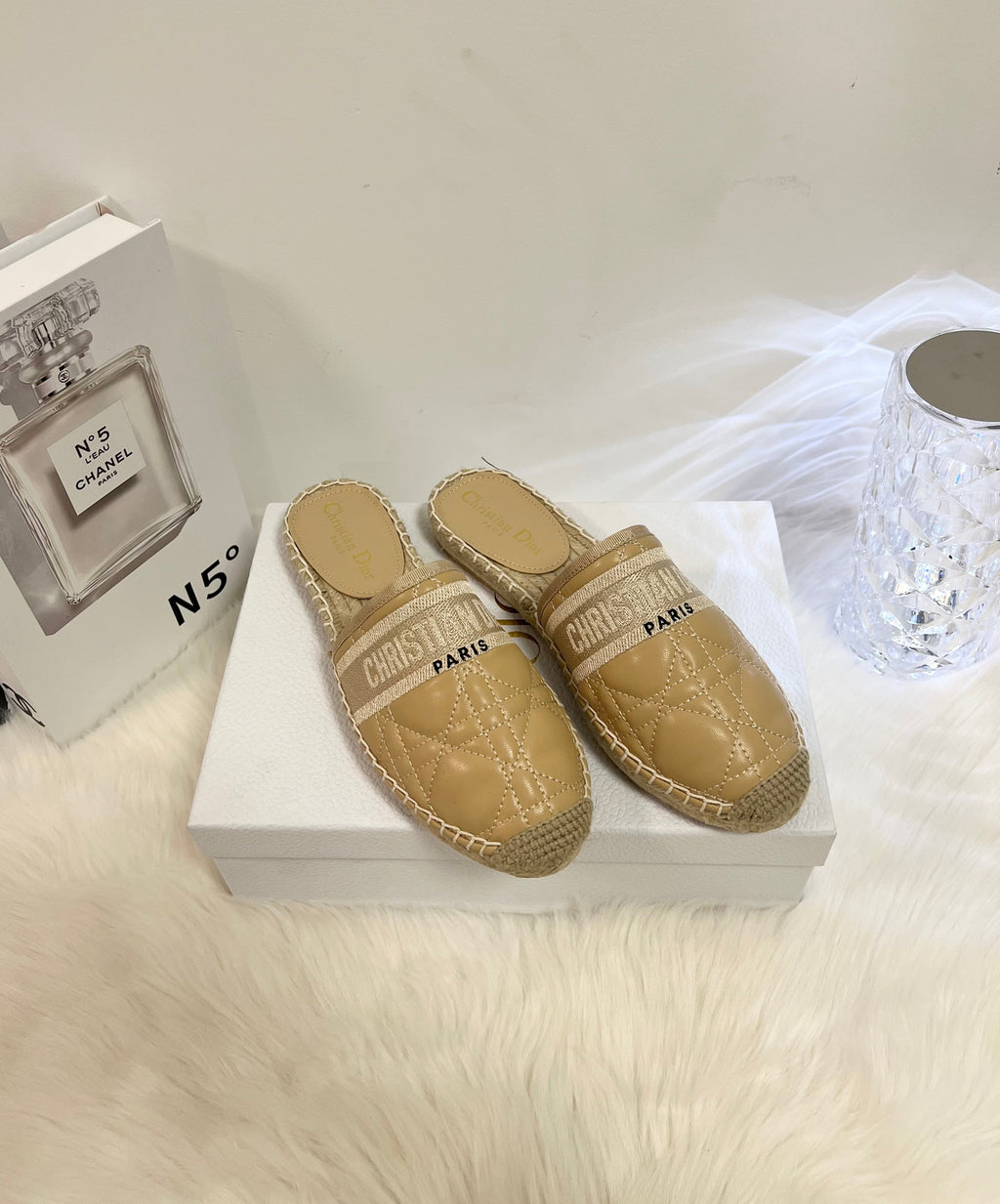 DIOR GRANVILLE ESPADRILLE MULE CAMEL BEIGE QUILTED CANNAGE CALFSKIN