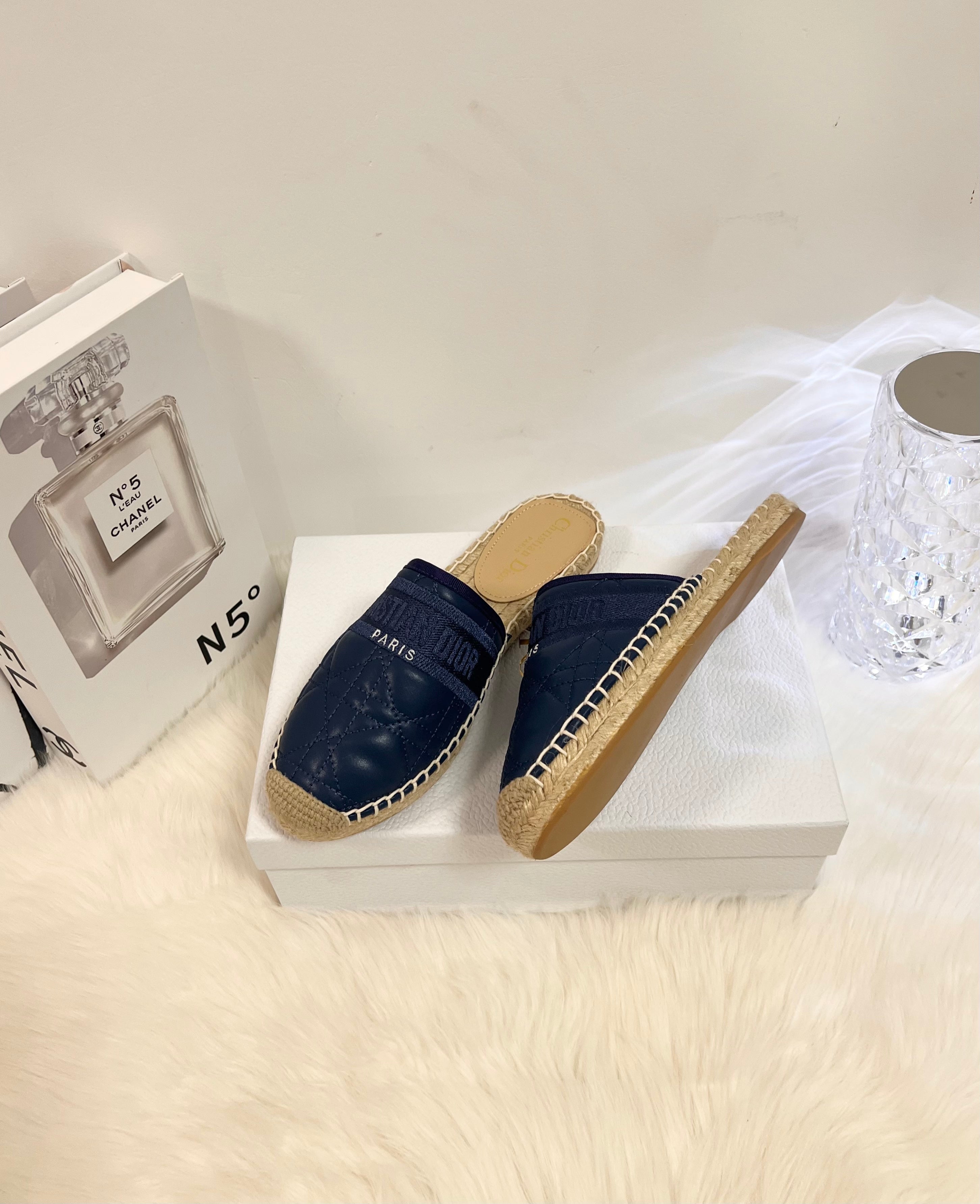 DIOR GRANVILLE ESPADRILLE MULE NAVY BLUE QUILTED CANNAGE CALFSKIN