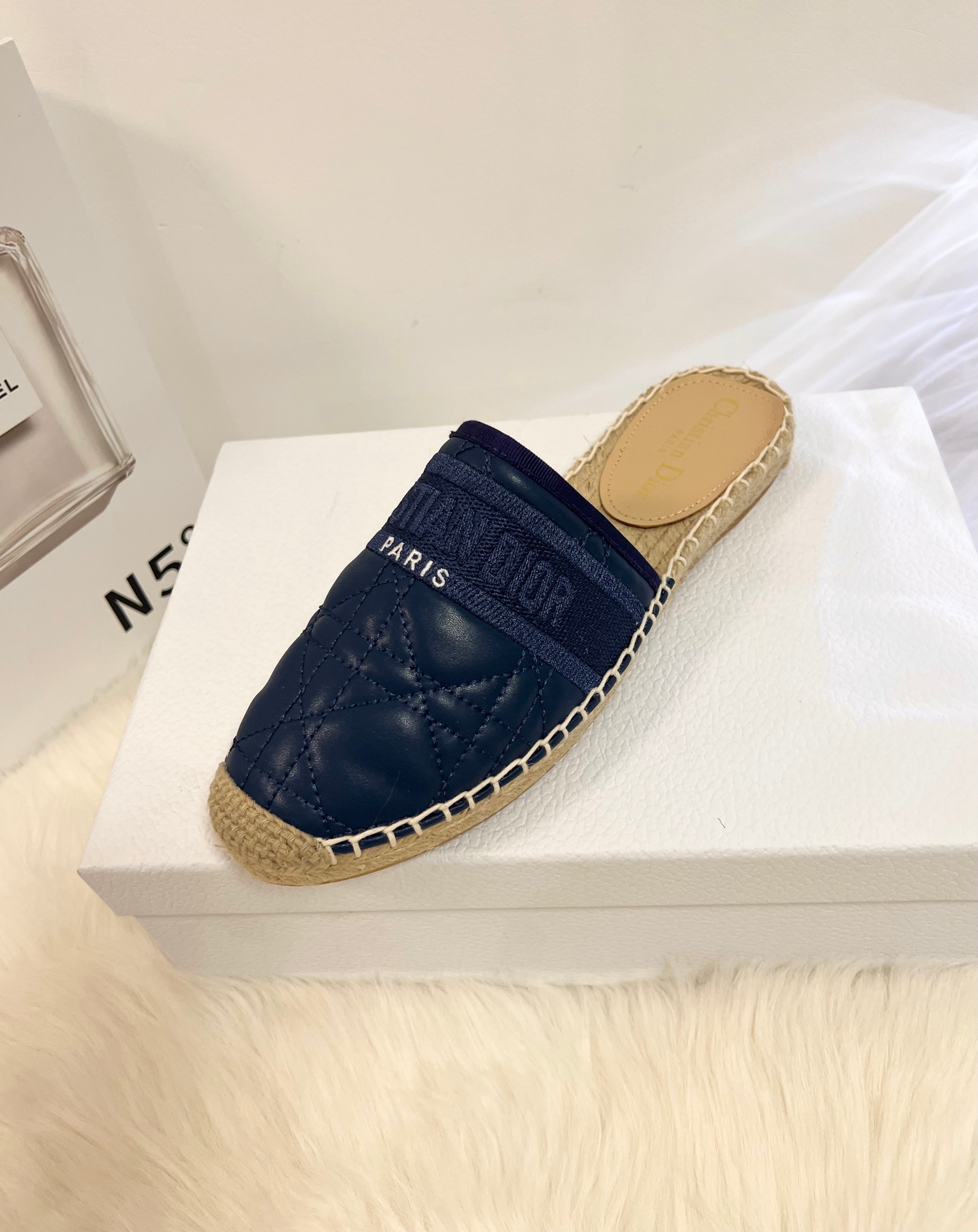 DIOR GRANVILLE ESPADRILLE MULE NAVY BLUE QUILTED CANNAGE CALFSKIN