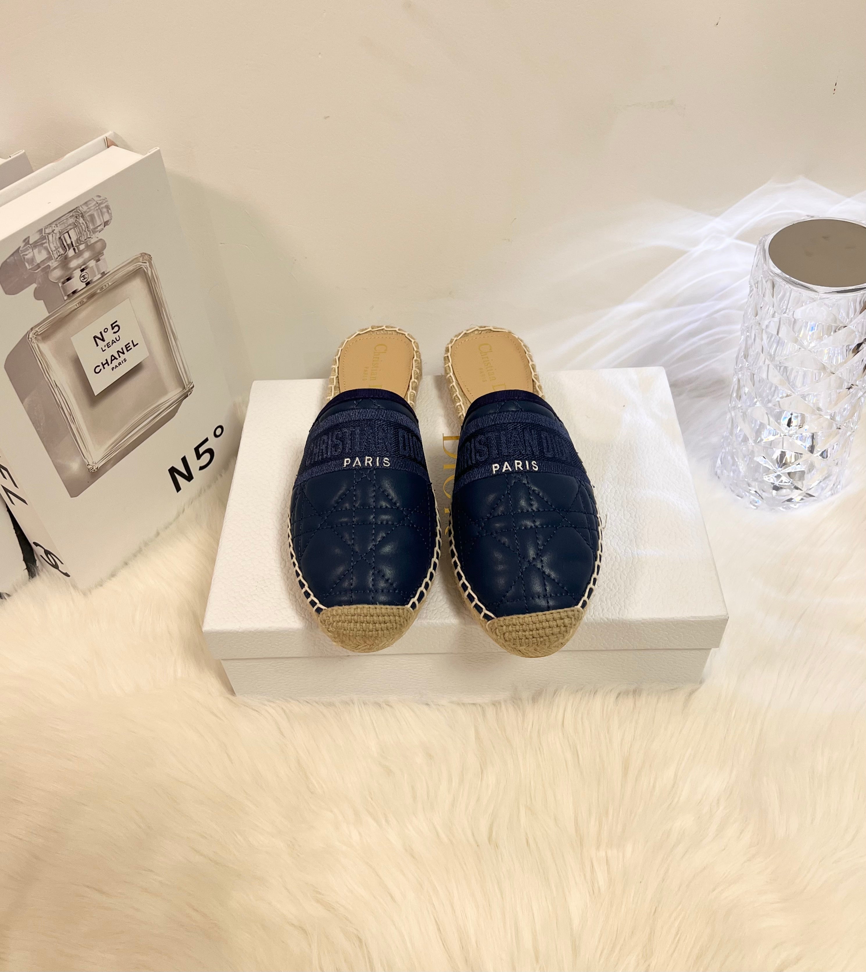 DIOR GRANVILLE ESPADRILLE MULE NAVY BLUE QUILTED CANNAGE CALFSKIN