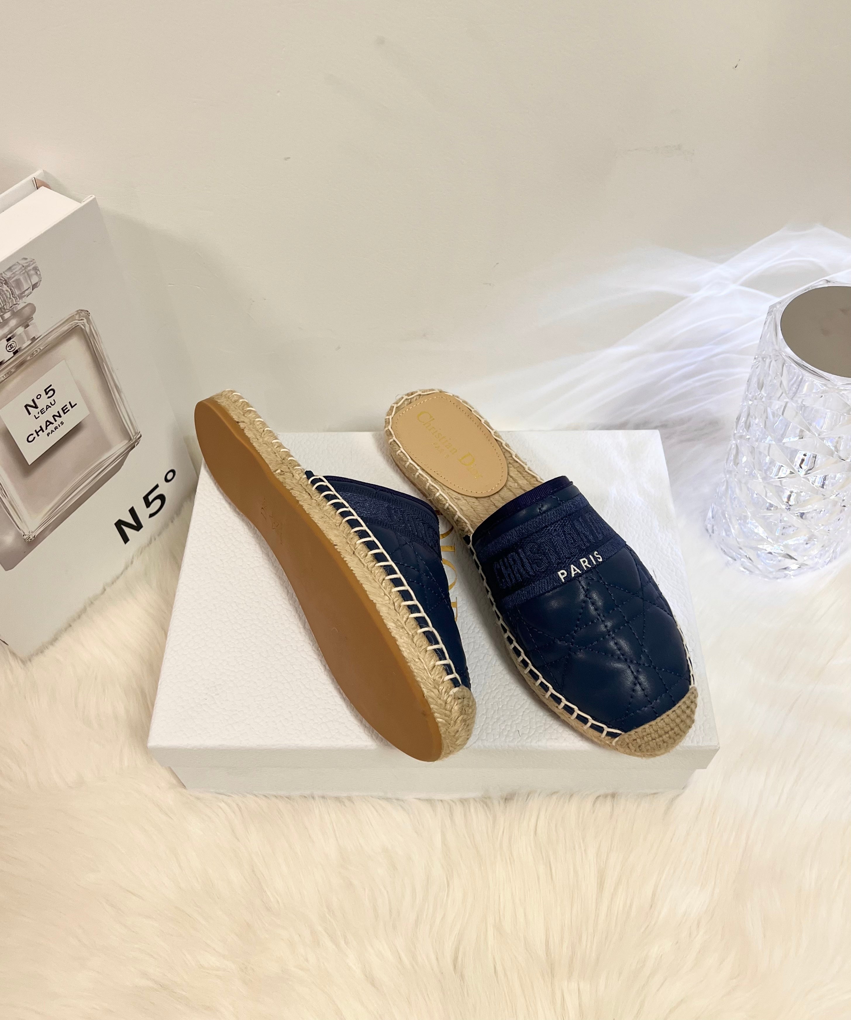 DIOR GRANVILLE ESPADRILLE MULE NAVY BLUE QUILTED CANNAGE CALFSKIN