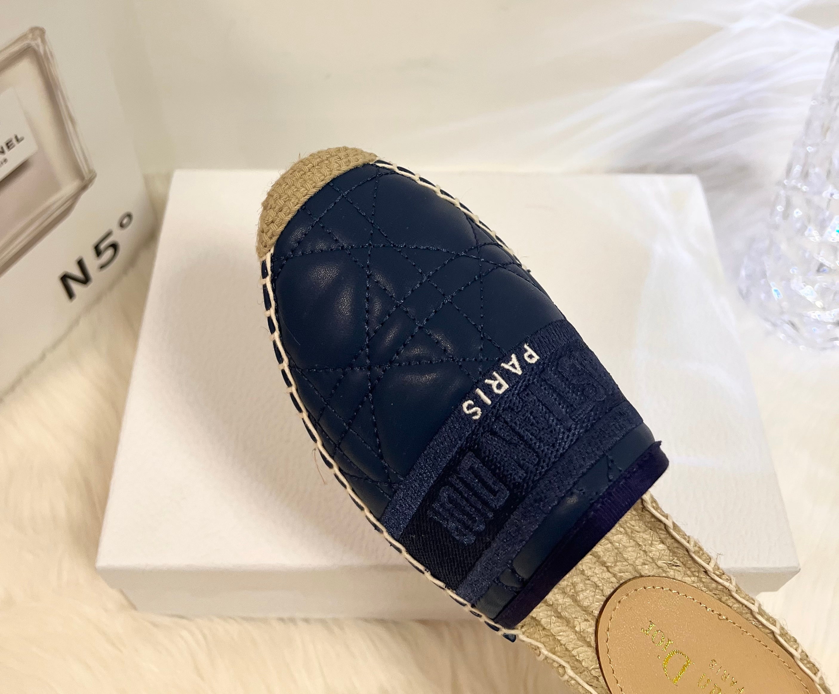 DIOR GRANVILLE ESPADRILLE MULE NAVY BLUE QUILTED CANNAGE CALFSKIN