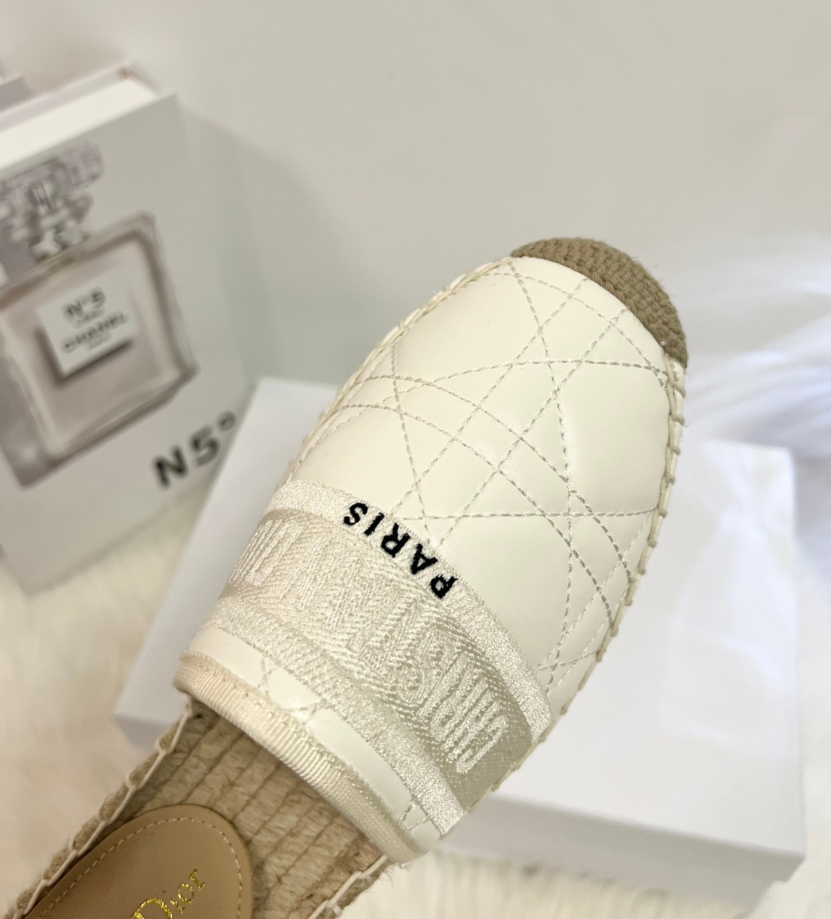 DIOR GRANVILLE ESPADRILLE MULE WHITE QUILTED CANNAGE CALFSKIN